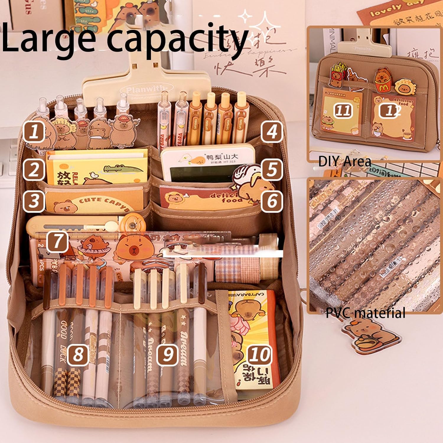 Cute Capybara Pencil Case With 10 Compartments - Gift Set Includes Holder, Ball-Point Pen, Keychain, Stickers, Brooch, and Clips - Image 4