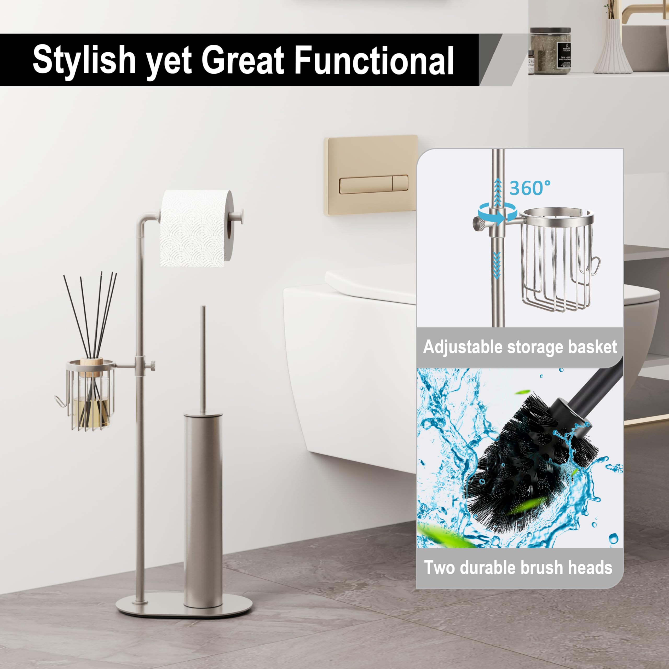 BVL Porta Carta Igienica e Scopino Nichel, Portacartaigienica Bagno in Acciaio Inox con Pratico Cestello Portaoggetti a 360°, Scopino Bagno WC con Porta Carta Igienica