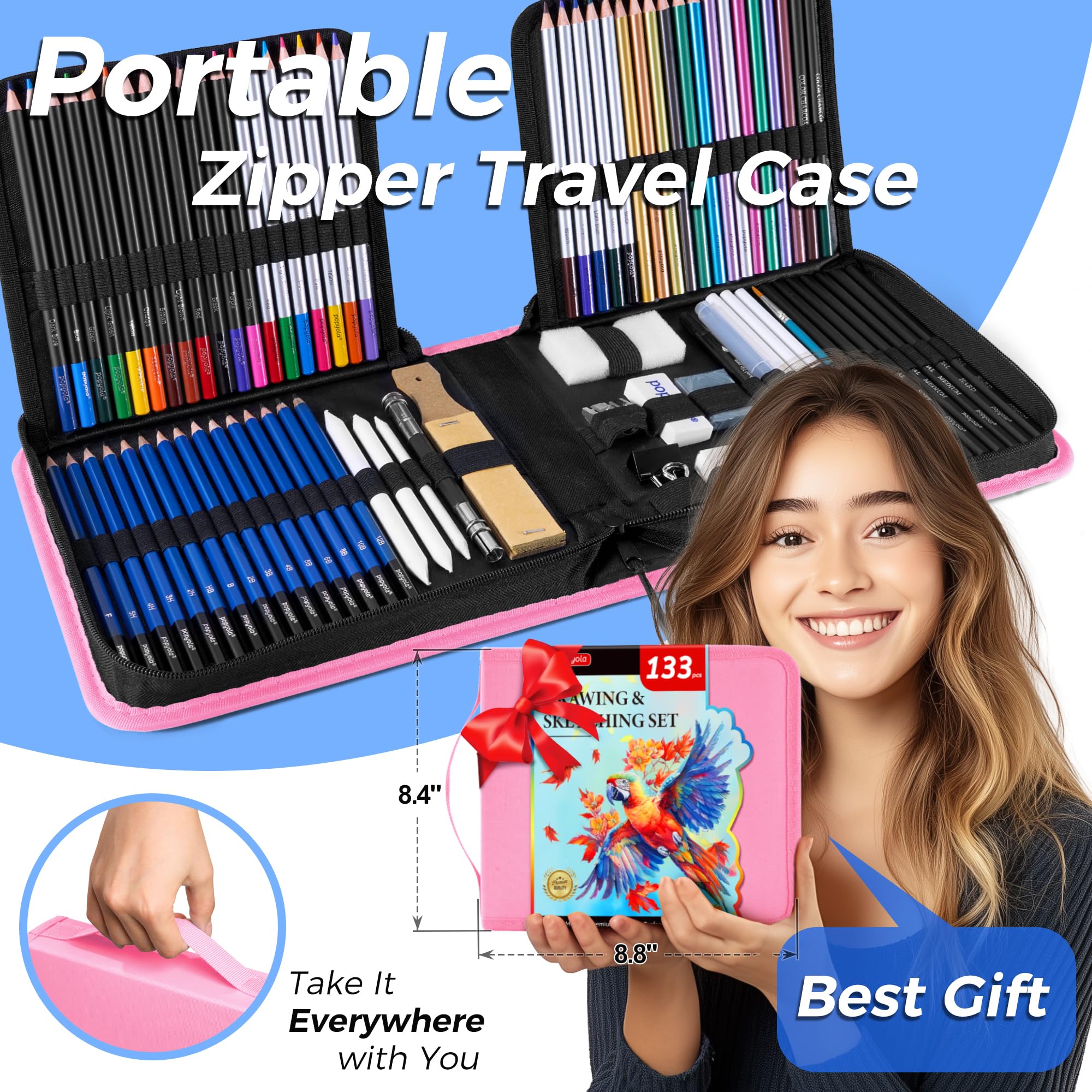Set da disegno da 133 pezzi, kit per schizzi, forniture artistiche professionali | con Sketch Book, Coloring Book, Acquerello, Blocco di Carta Nero, Grafite Colorato Carbone Acquerello & Matite Metalliche