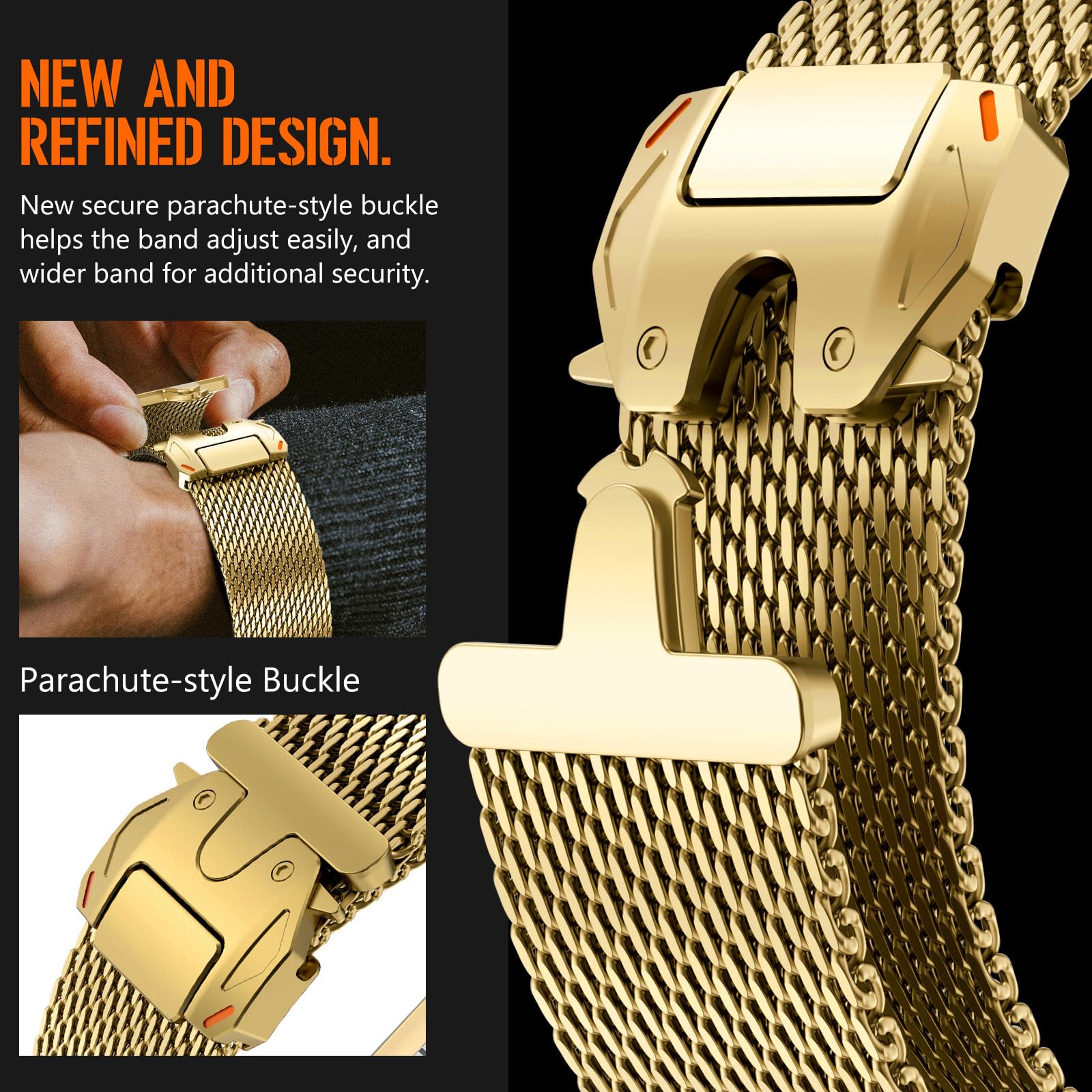 FULLIFE Boucle en maille milanaise pour Apple Watch Bracelet Apple Watch Ultra 3/2/1 49 mm, 46 mm, 45 mm, 44 mm pour homme et femme, bracelet en acier inoxydable avec boucle de style parachute pour