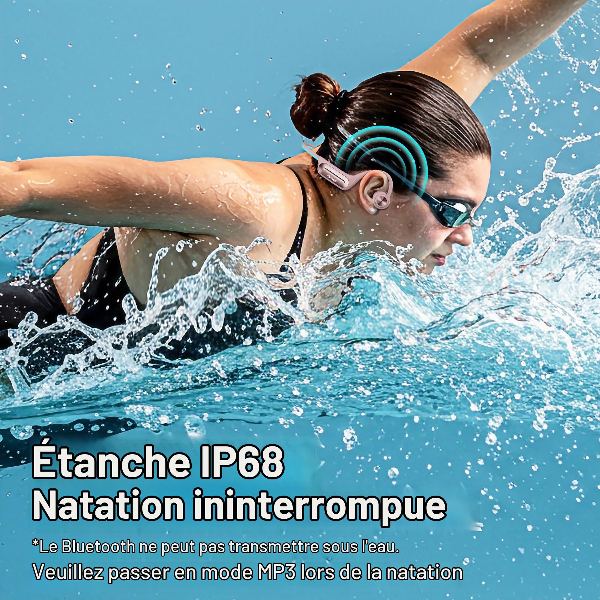 Casque Conduction Osseuse Natation, Open Ear Bluetooth 5.3 Écouteur Natation IP68 Étanche, Mémoire MP3 32G, pour Sport, Natation, Cyclisme, Course à Pied (Rose)