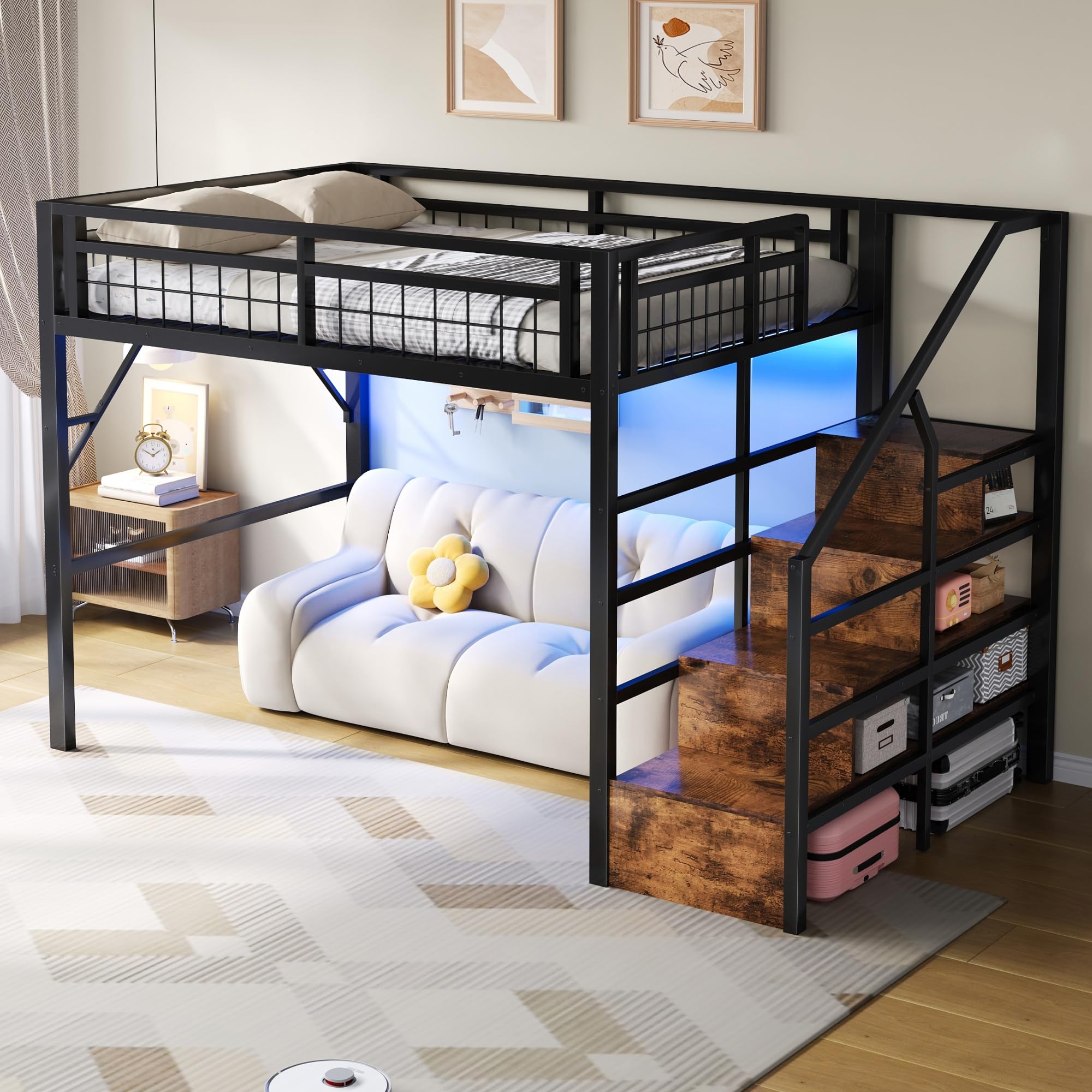 Letto a soppalco in metallo 140 x 200 cm, con luce LED, Letto matrimoniale a soppalco, spazio utilizzabile sotto il letto, scala di sicurezza con vano contenitore, Nero (materasso non incluso)