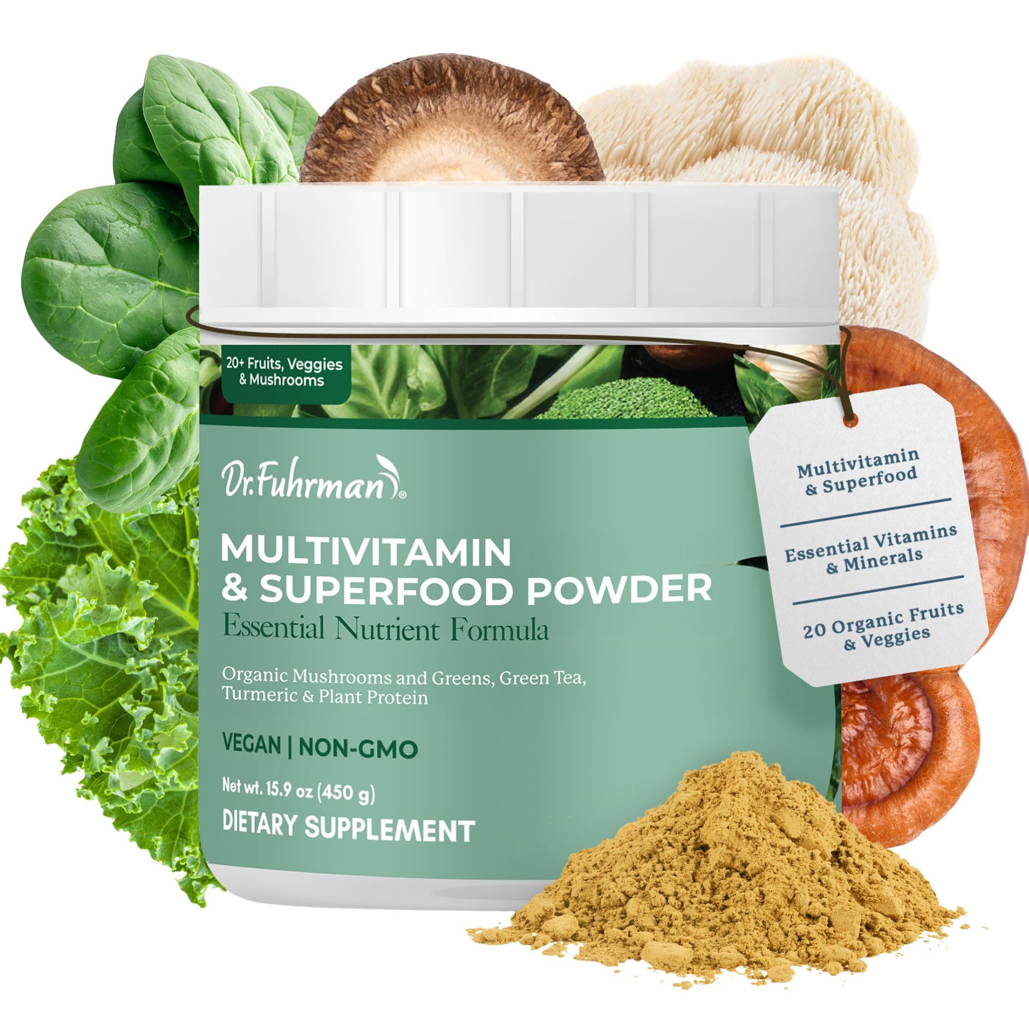 Dr. Fuhrman Whole Food Greens Powder | Premium Greens Superfood Powder Multivitamin | Plant Based Protein for Immune Support & Gut Health | Organic Mushrooms, Greens, & Turmeric | Vitamin B12, D3, K2
