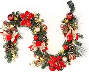 GarveeHome 6 Ft Pre-Lit Christmas Garland, Battery Operated Lighted Xmas Garland with 20 Lights & Timer, Red Gold
