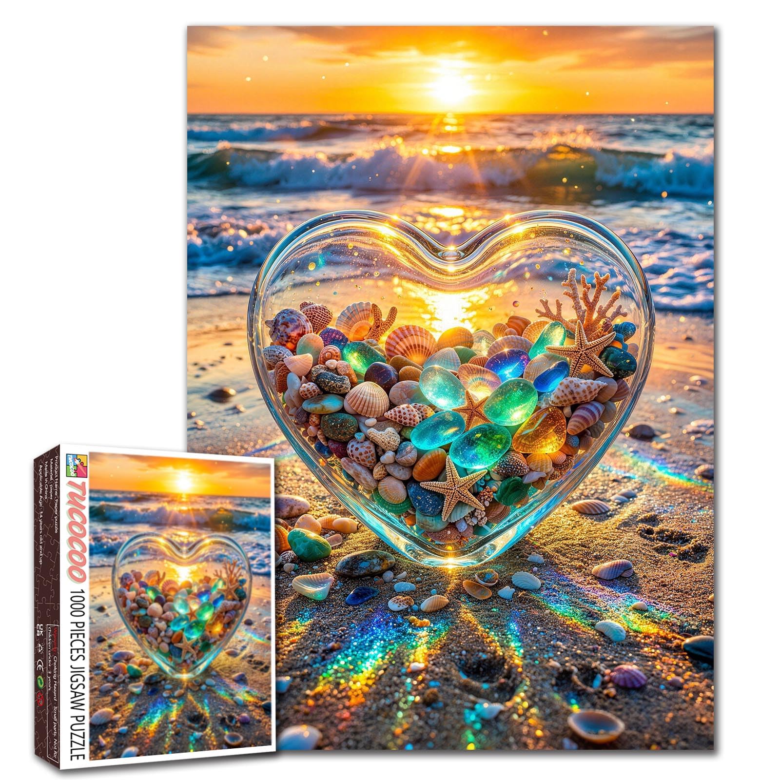 Seaside Heart 1000 Piece Jigsaw Puzzle for Adults Pebbles and Shells in Love Glass Bottle Scene Puzzle Colorful Ocean Sunset Artwork Relaxing Challenging Fun Puzzles 19.7 x 27.6 Inches Gift Home Decor