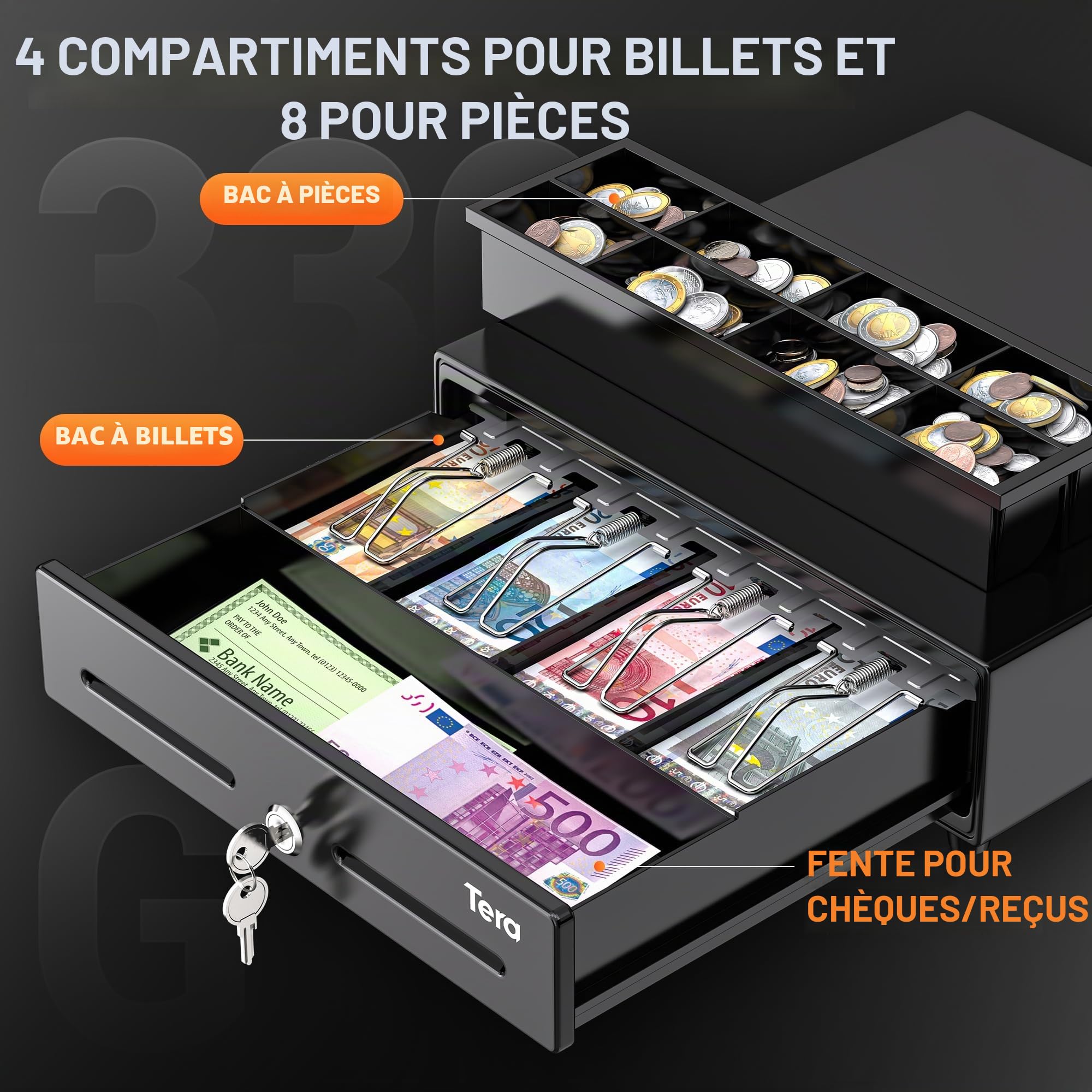 Tera tiroir-caisse 13" pour POS: 4 compartiments billets 8 pièces 6 clés ouverture auto compartiment pièces amovible verrouillage à clé interface RJ12 24V fente pour supports 330G