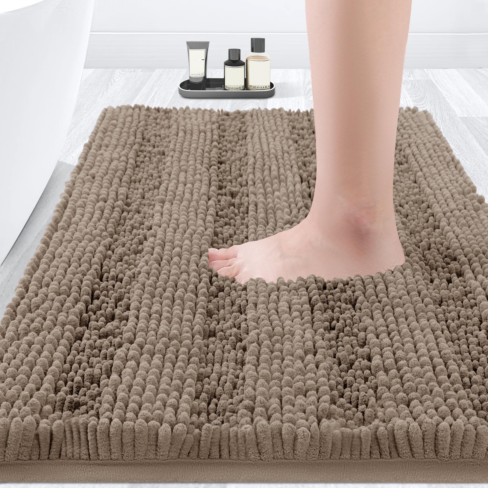 ACCUMTEK Striped Dark Beige Bathroom Rug Mat 32"x20" Ultra Soft, Non Slip Chenille Bath Rugs, Absorbent Plush Shaggy Bath Mats for Bathroom, Bedroom,