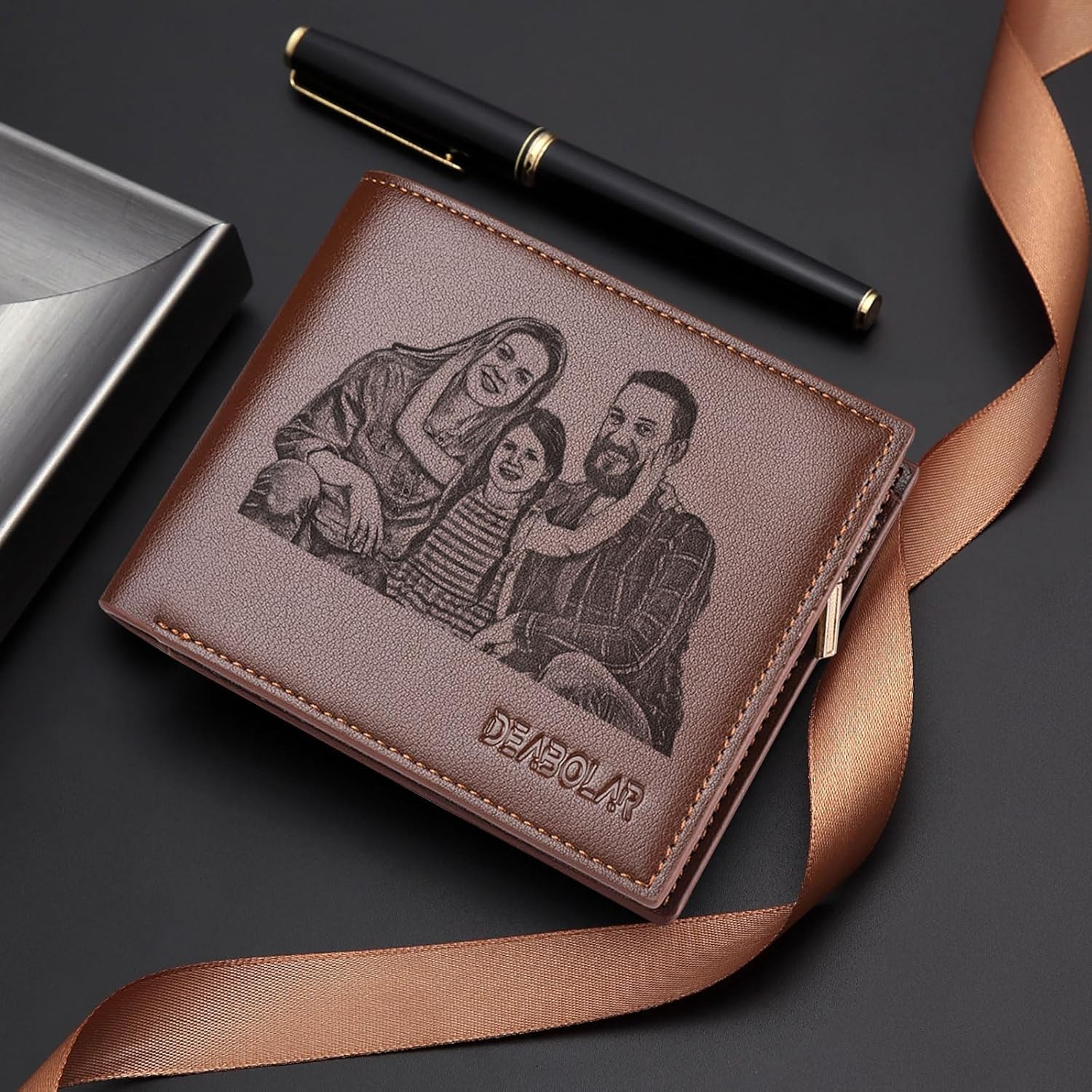 Custom Wallets for Men, Personalized Leather Wallet with Photo & Text Engraving, Bifold Wallet with 1 Photo Position 2 SIM Card Slots 1 Zip Change Space, Customized Gifts for Men Dad Husband - Brown