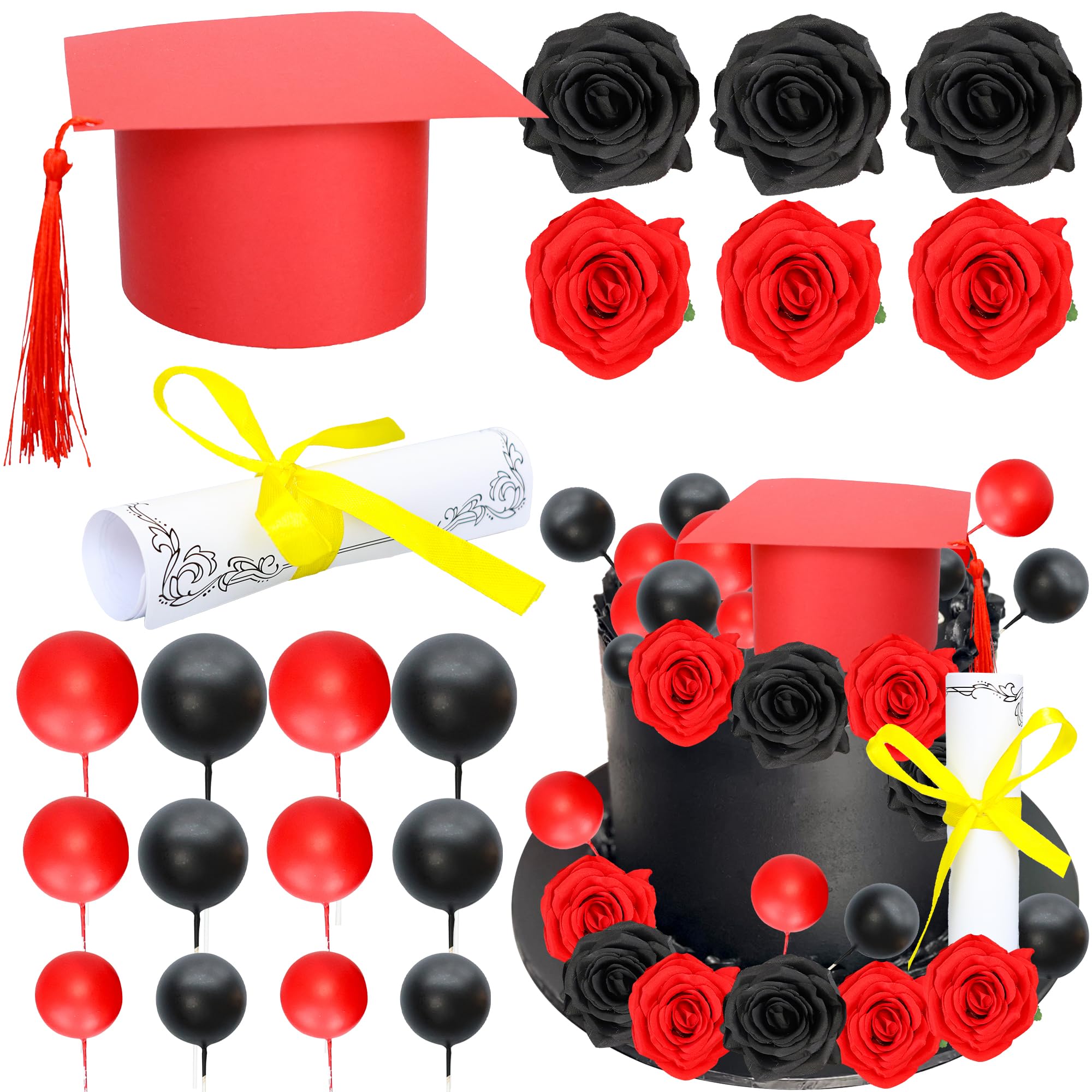 Gyufise 40Pcs 2025 Graduation Cake Topper Decoration Diploma Done Diploma Grad Cap Cake Pick Balloon Flower Prom 2025 Cake Decorations for Class of 2025 Congrats Grad Party Supplies Red Black