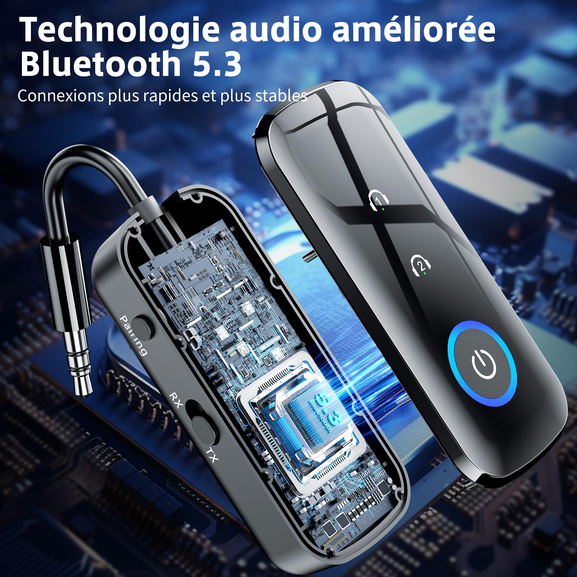 SONRU Adaptateur Bluetooth 5.3 2 en 1 Emetteur Récepteur 3,5 mm AUX Jack pour TV/PC/Voiture