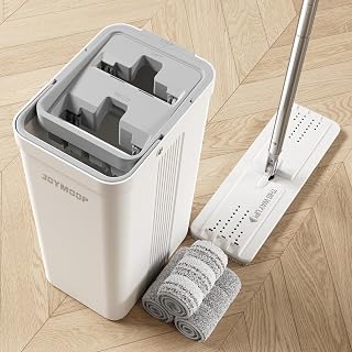 JOYMOOP Mop and Bucket Wringer Set - 2-Chamber Self-Cleaning Flat Mop System, 360° Swivel Head, 3 Reusable Microfiber Pads for Floor & Wall Cleaning