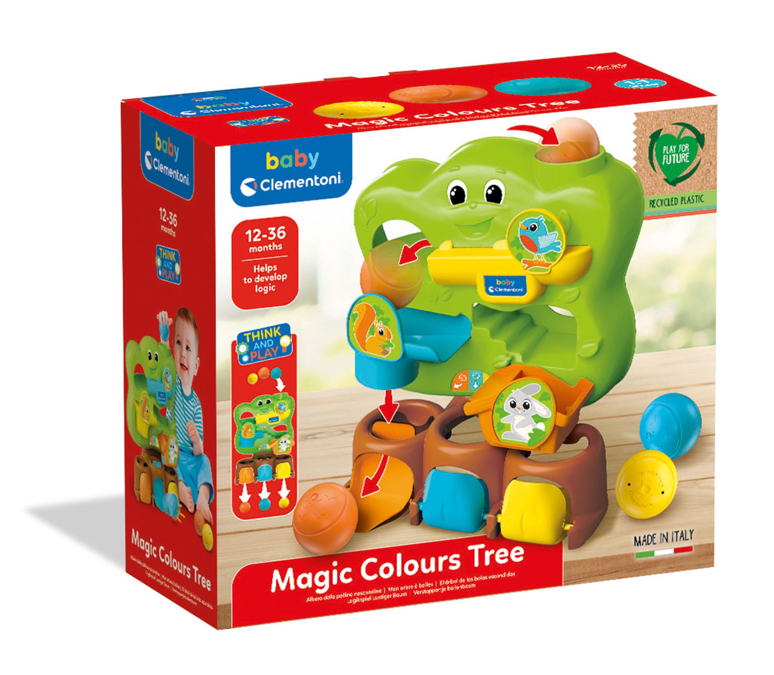 Clementoni Baby Magic Colours Tree, drzewo kulkowe, centrum aktywności dla dzieci w 12-36 miesięcy, gra dla wczesnych dzieci, wyprodukowana we Włoszech, linia Play for Future, stymuluje manualność i