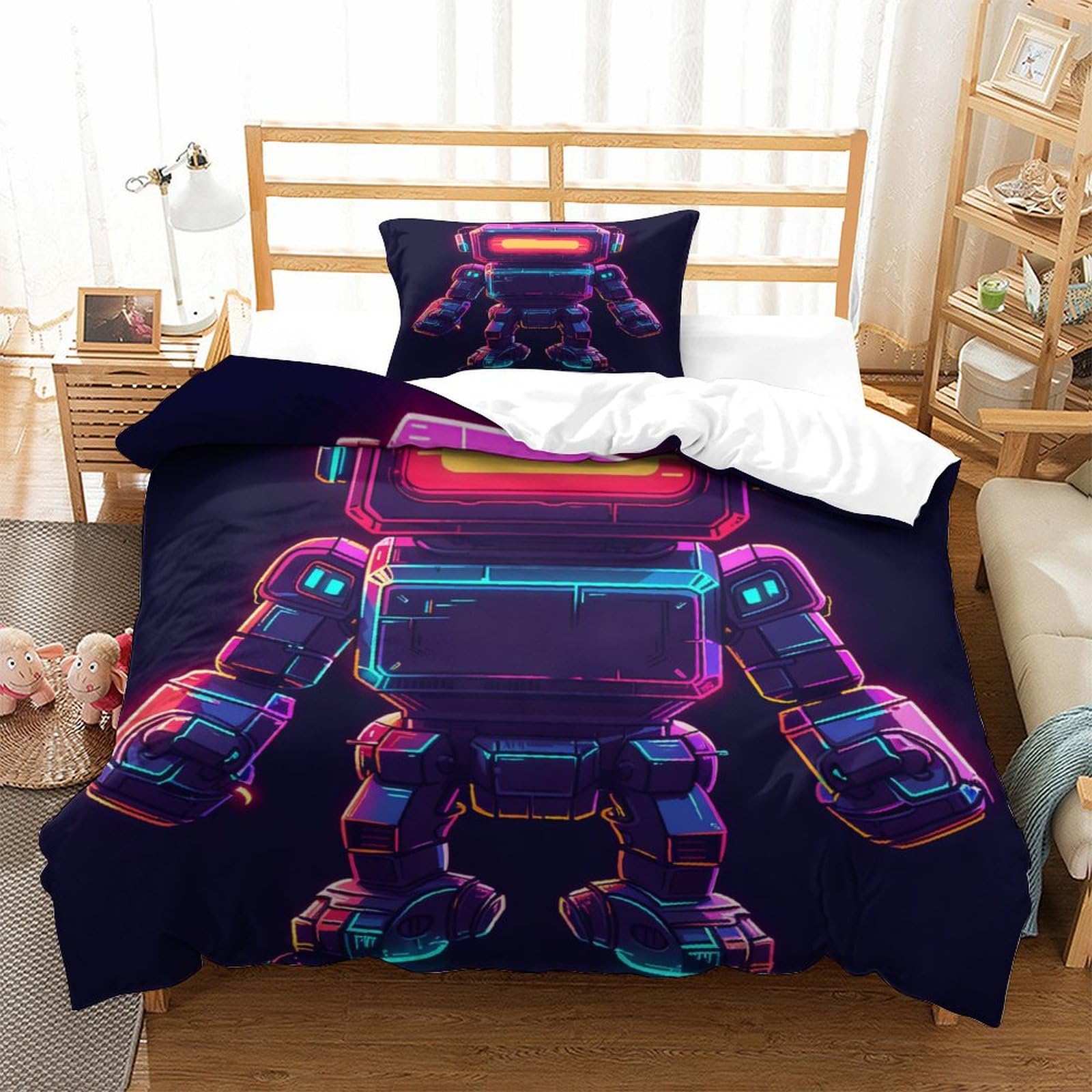 P1S9U7W5Y Cyber Neon Robot 3D Printed Duvet Cover Set 3pcs Microfiber Futuristic Mecha Bedding Set Single（135x200cm）