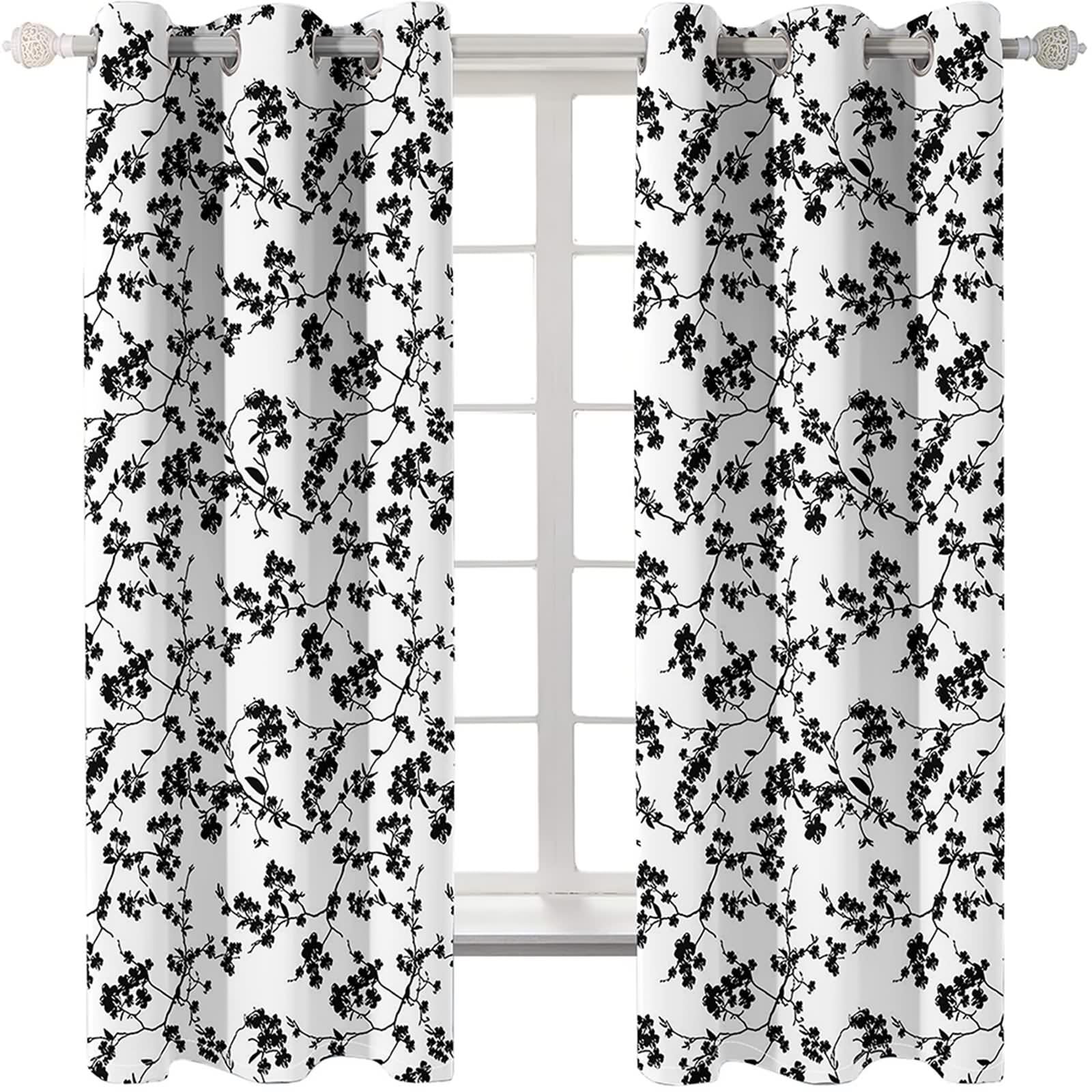 Rideau Stof Polyester, Rideau Mariage Noir Blanc Branches et Fleurs Décoration pour Fenêtre 102L x 214H CM Lot de 2