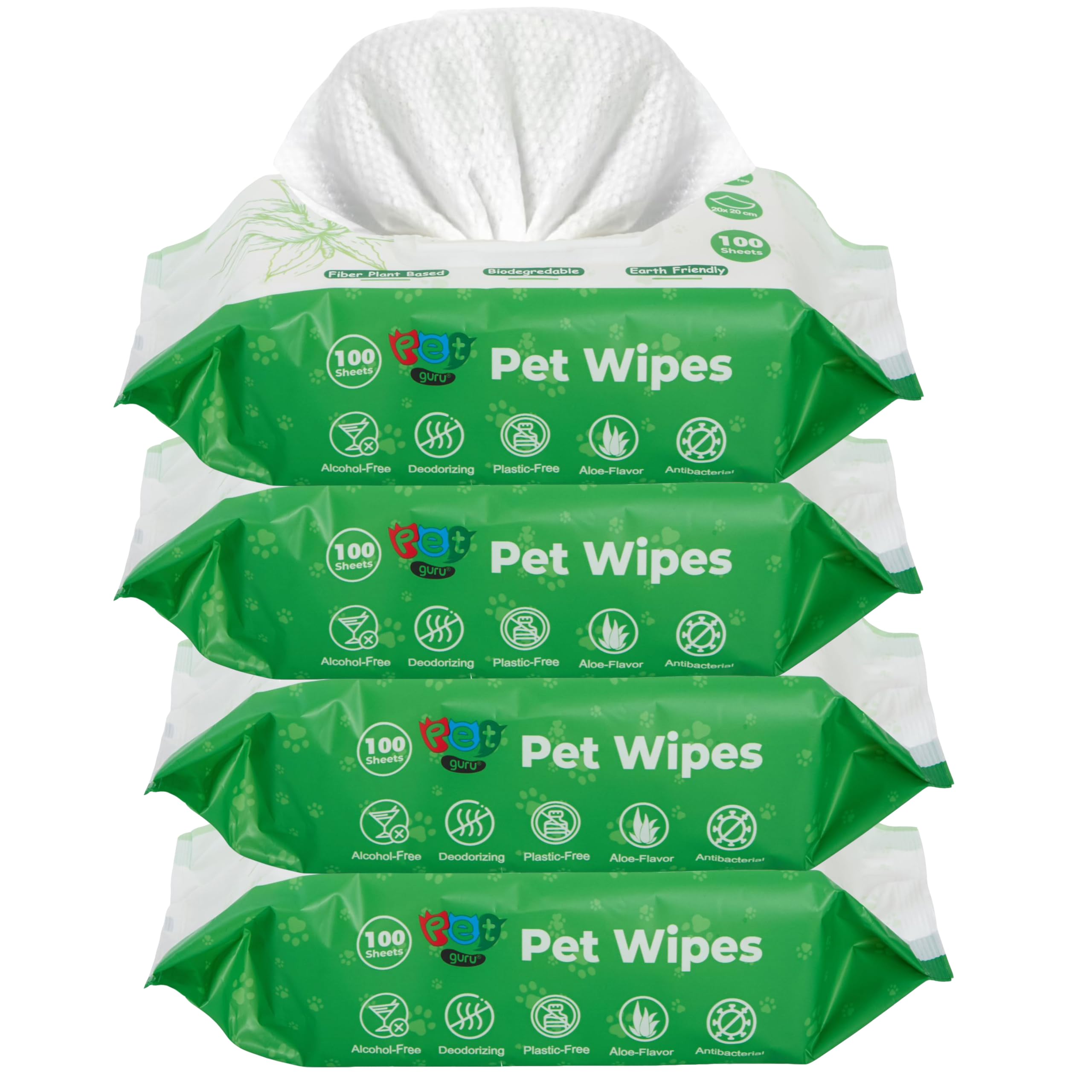 Pet Guru® Dogs & Cats 100% Plastic Free Biodegradable Antibectrial Deodorizing Multi-Purpose Cleaning Thick Pet Wipes Fiber Plant Based Alcohal Free Pet Wipes (400 Wipes, Unscented)
