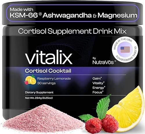Vitalix - Reductor de cortisol y mezcla de bebida adaptógena con Ashwagandha KSM 66, glicinato de magnesio 200 mg, L-teanina 200 mg, vitamina C 500