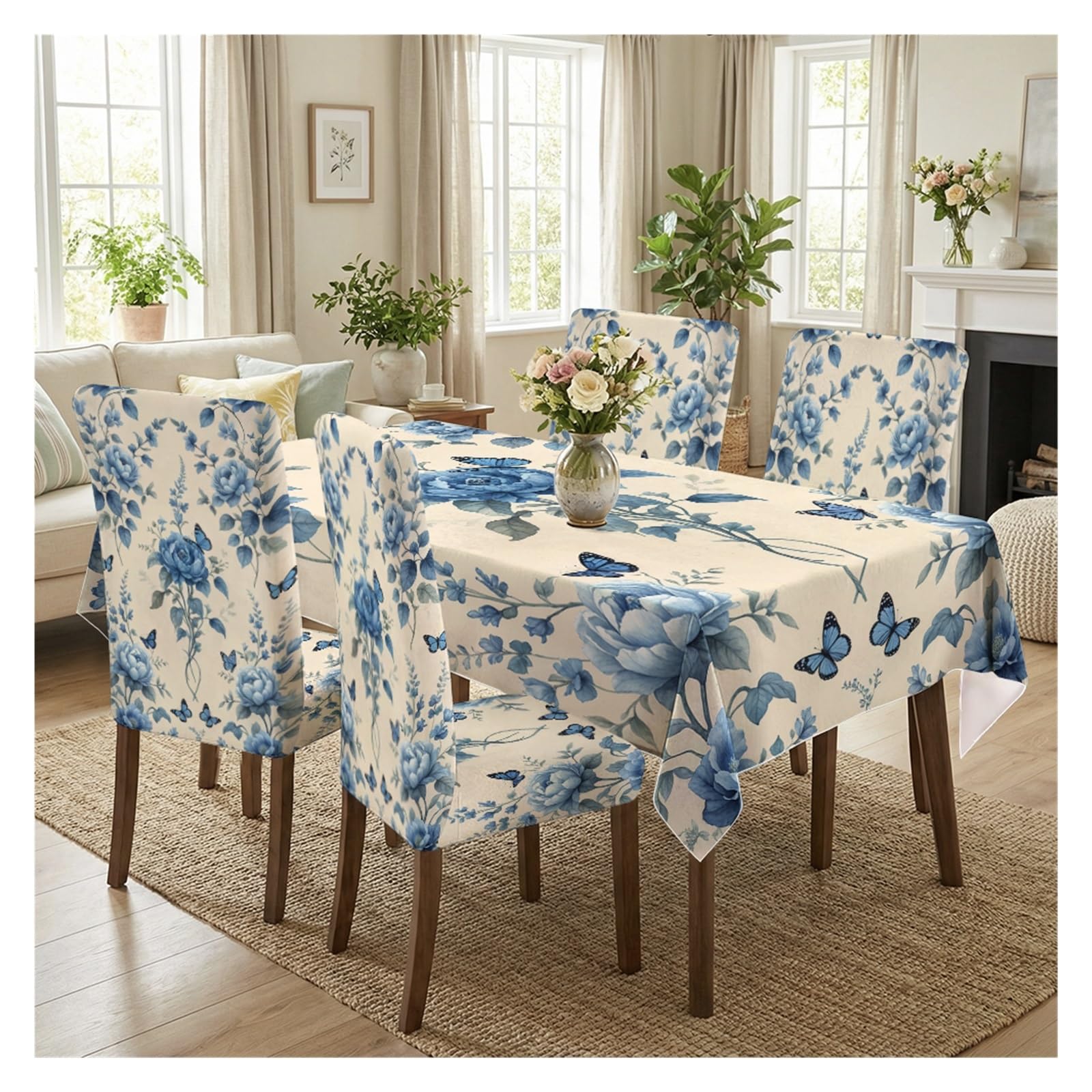 KXUAUV Cream Base Blue Peony & Butterfly Floral Print Dining Tablecloth & Chair Covers Set, 5/7 Piece Vintage Chinoiserie Cottage Dining Decor Party Decor(5pcs Set: Tablecloth+Chair Covers)