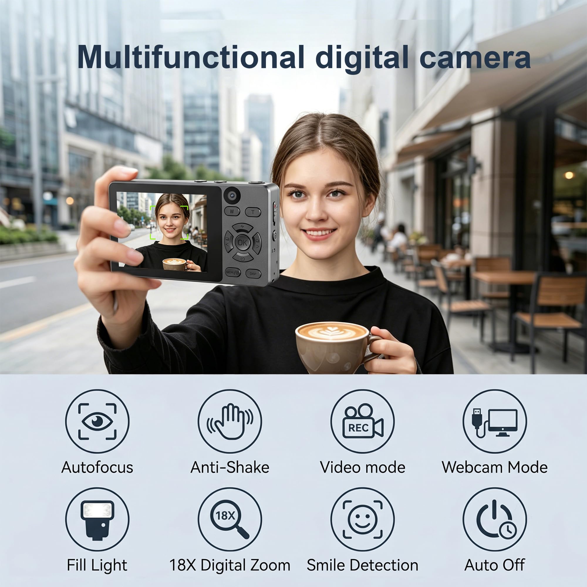 Fotocamera compatta 4K 64MP con scheda SD da 32 GB, schermo IPS da 2,8", zoom digitale 18x, autofocus, batteria da 2000 mAh, trasferimento USB, regalo per bambini, adolescenti e principianti, nero