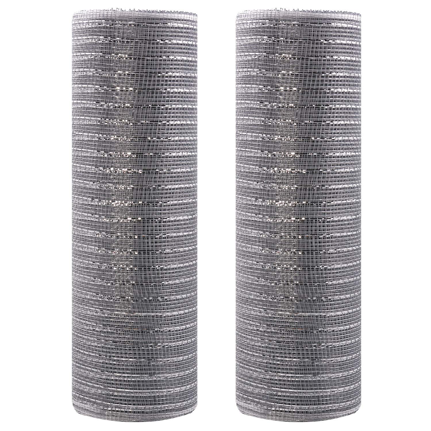 AcekitSilver Deco Poly Mesh Ribbon with Metallic Foil 10 inch x 30 feet Each Roll for Wreaths, Swags Bows Wrapping and Decorating Projects-Silver+Silver