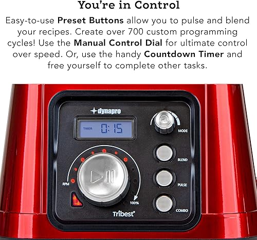 Miniatura 4 de Tribest Dynapro - Batidora de alta velocidad de 2.5 HP con vacío, certificada comercialmente, rojo, talla única