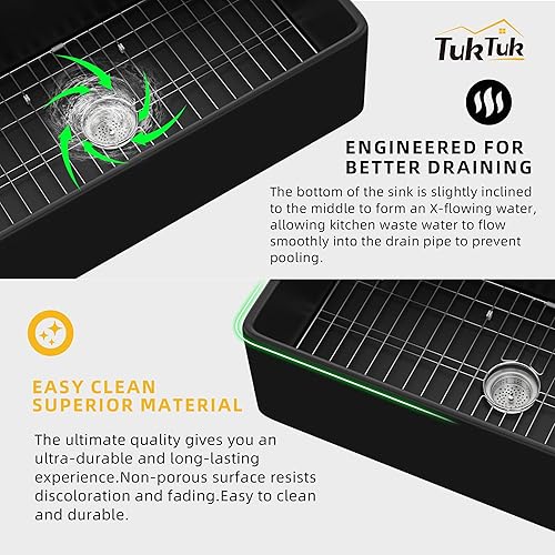 Miniatura 7 de Fregadero negro de granja de 30 x 18 pulgadas, delantal delantero de granja, arcilla refractaria, fregadero de cocina grande con cuenco individual,