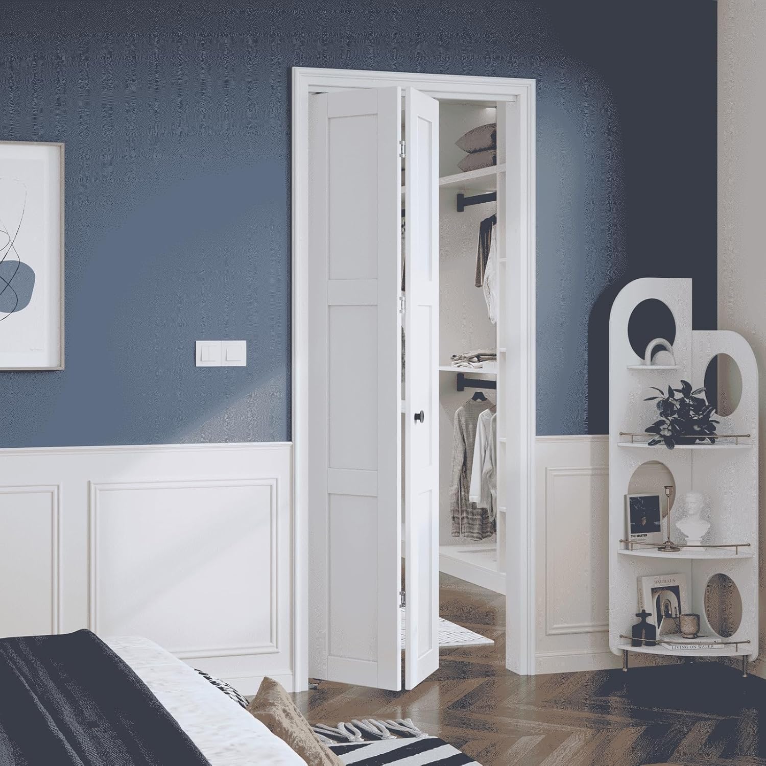 White Bifold Doors for 60"×80" Opening, Sliding Interior Closet Folding Barn Door Slab with 5FT Concealed Hardware Kit Included, 3-Panel, MDF Wood Panel Covered with PVC Surface