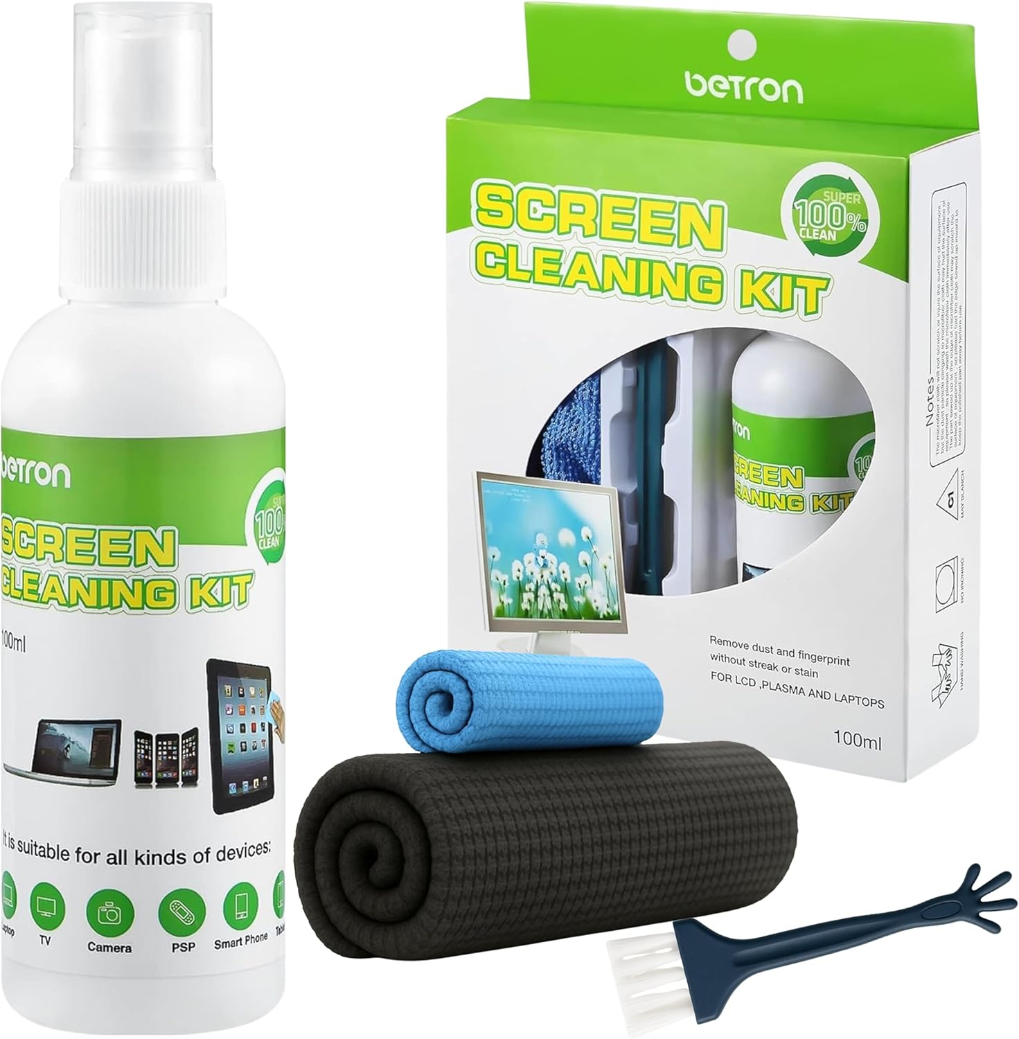 Betron Screen Cleaner for Laptop, Macbook, TV, Monitor, Phone - 100ml Cleaning Spray, Microfibre Cloth - Amazon product rated Grade B