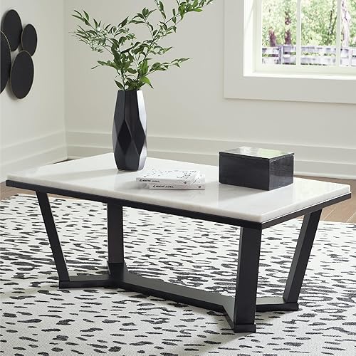 Miniatura 2 de Signature Design by Ashley Fostead Mesa de centro rectangular contemporánea con parte superior de mármol, mármol blanco y marrón oscuro