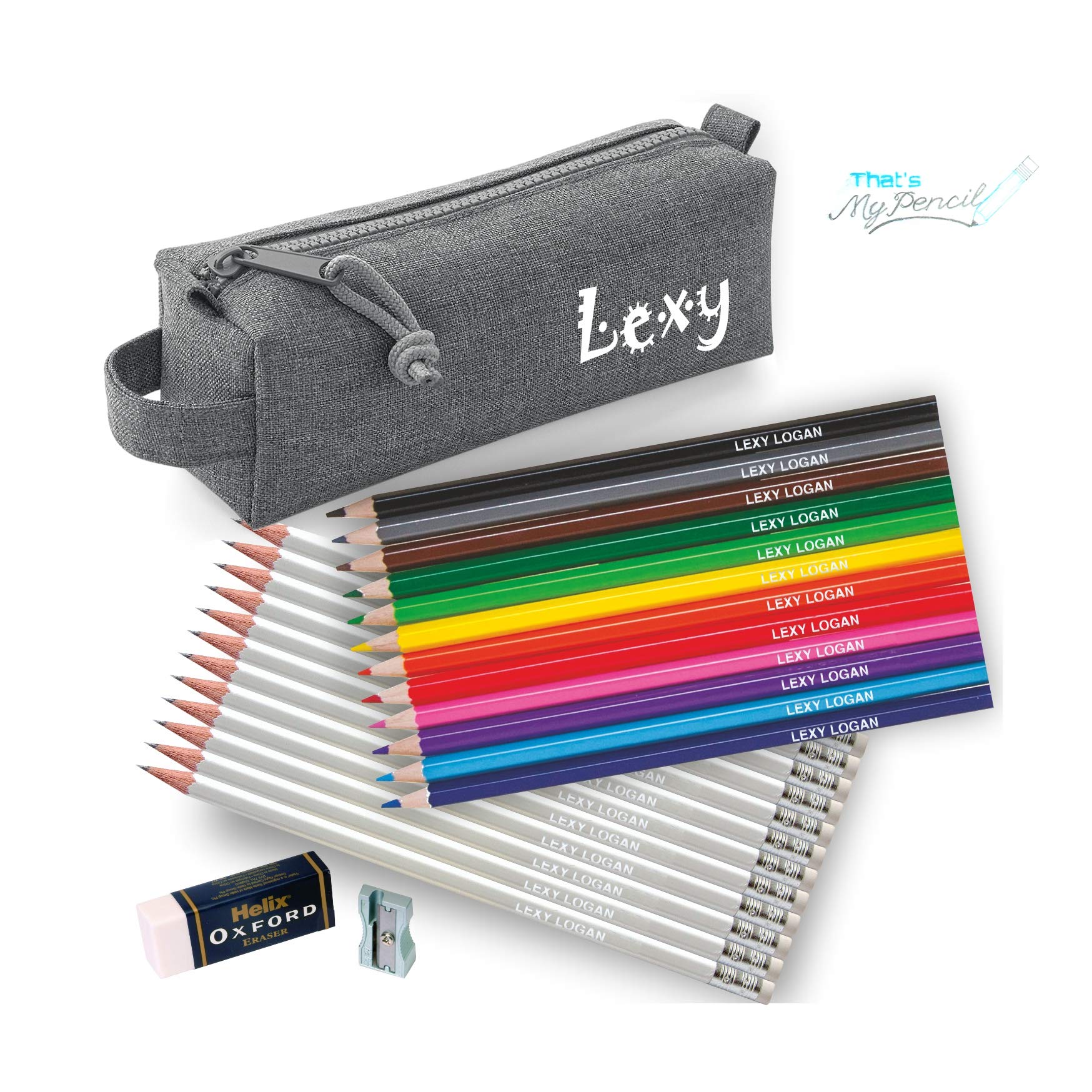 Personalised Marl Grey Block Pencil Case with 12 Colouring Pencils, 12 Matching HB Pencils with Erasers Plus Helix Oxford Sharpener and Eraser - Printed in UK by 'That's My Pencil' (White)