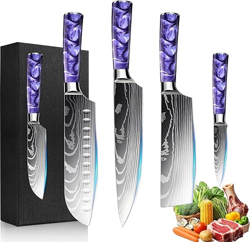 Miniatura 16 de Juego de 8 piezas de cuchillos de cocina japoneses premium - Colección Imperial, patrón láser en damasceno, acero inoxidable 440A ultra afilado