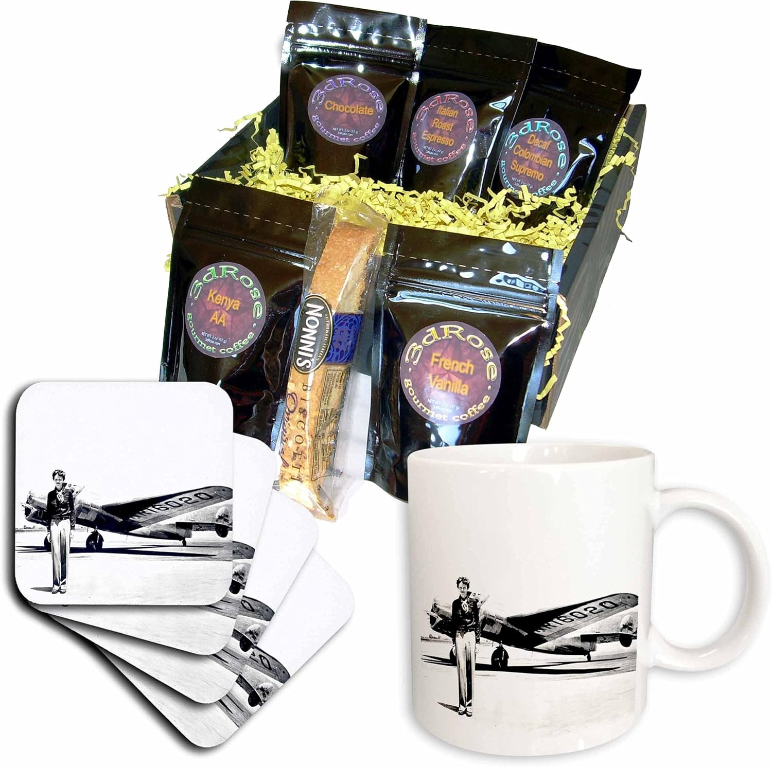 3dRose cgb_62531_1 Old Photo of Amelia Earhart with Lockheed Electra Model 10-Coffee Gift Basket, Multicolor