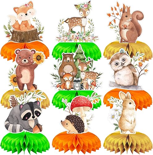 9 piezas de centro de mesa de nido de abeja de animales del bosque, decoración de baby shower, decoración 3D para Wild One, camping, fiesta,