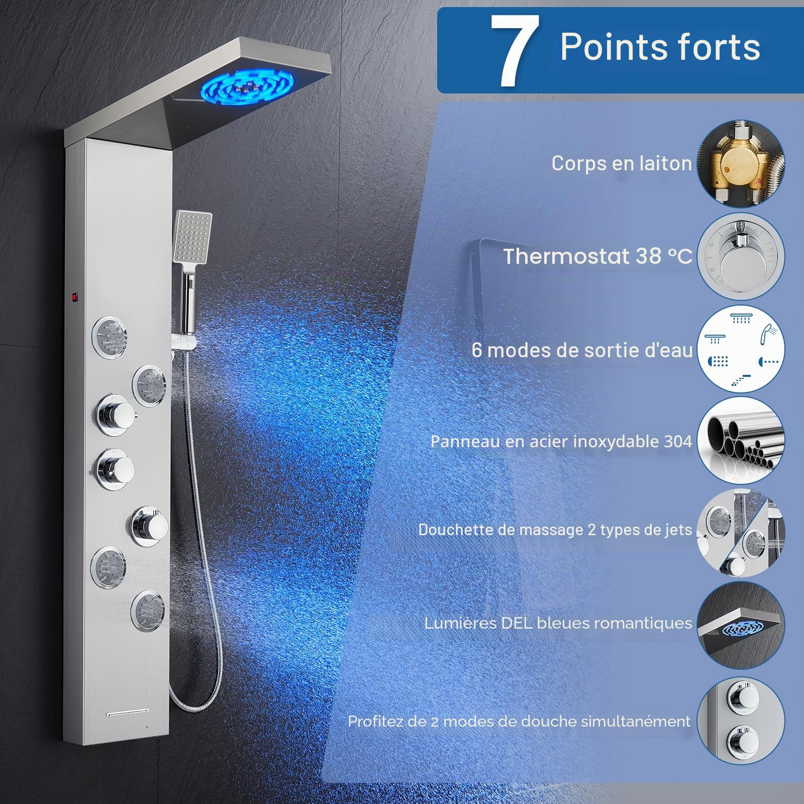 Colonne de Douche Thermostatique, Panneau de Douche à 6 Fonctions avec Éclairage LED, Colonne de Douche Hydromassante avec Mitigeur et Buses Massants, Acier Inox 304 Brossé