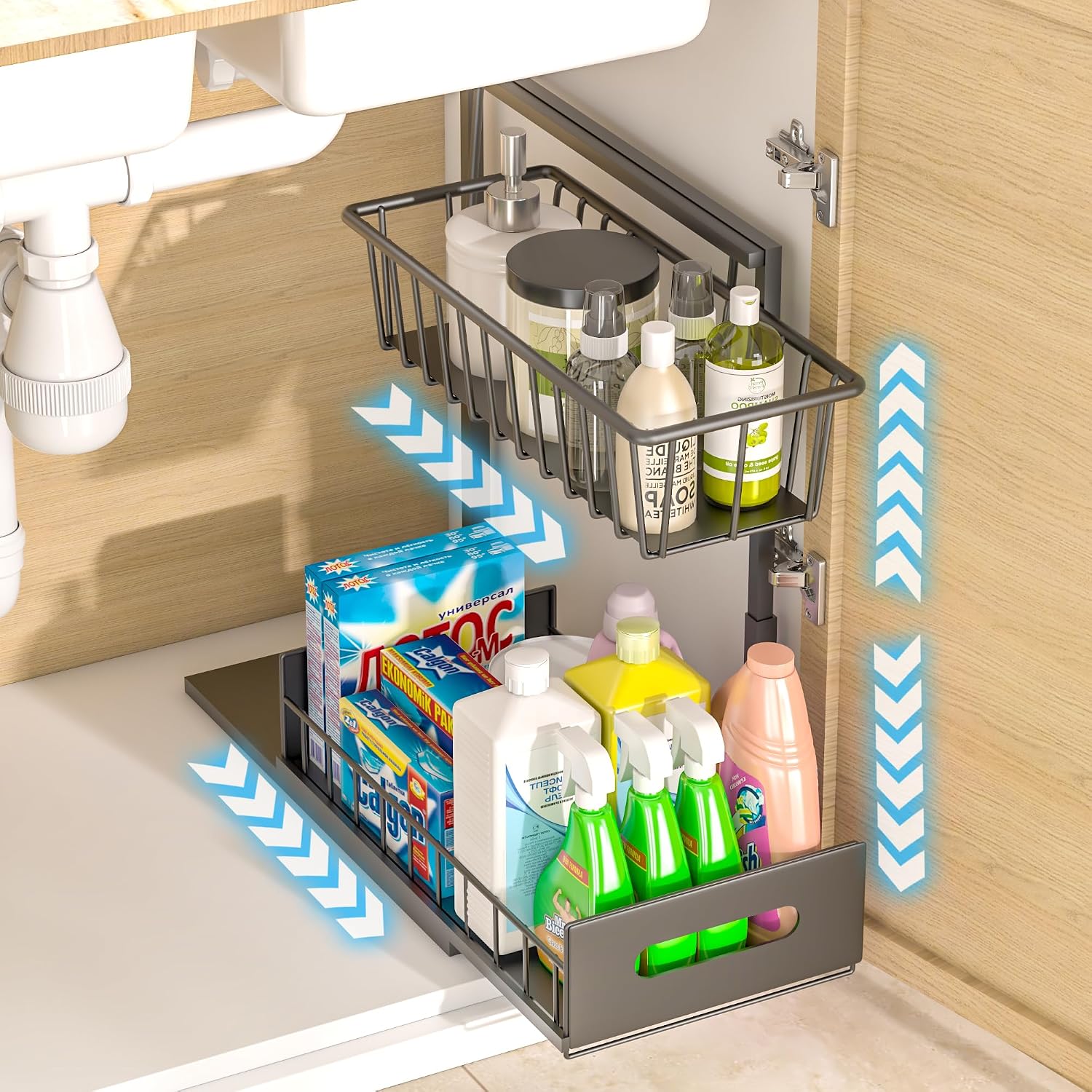 Metal Under Sink Organizers and Storage,Height Adjustable 2-Tier Sliding Out Kitchen Sink Shelf Cabinet Organizers for Bathroom Kitchen