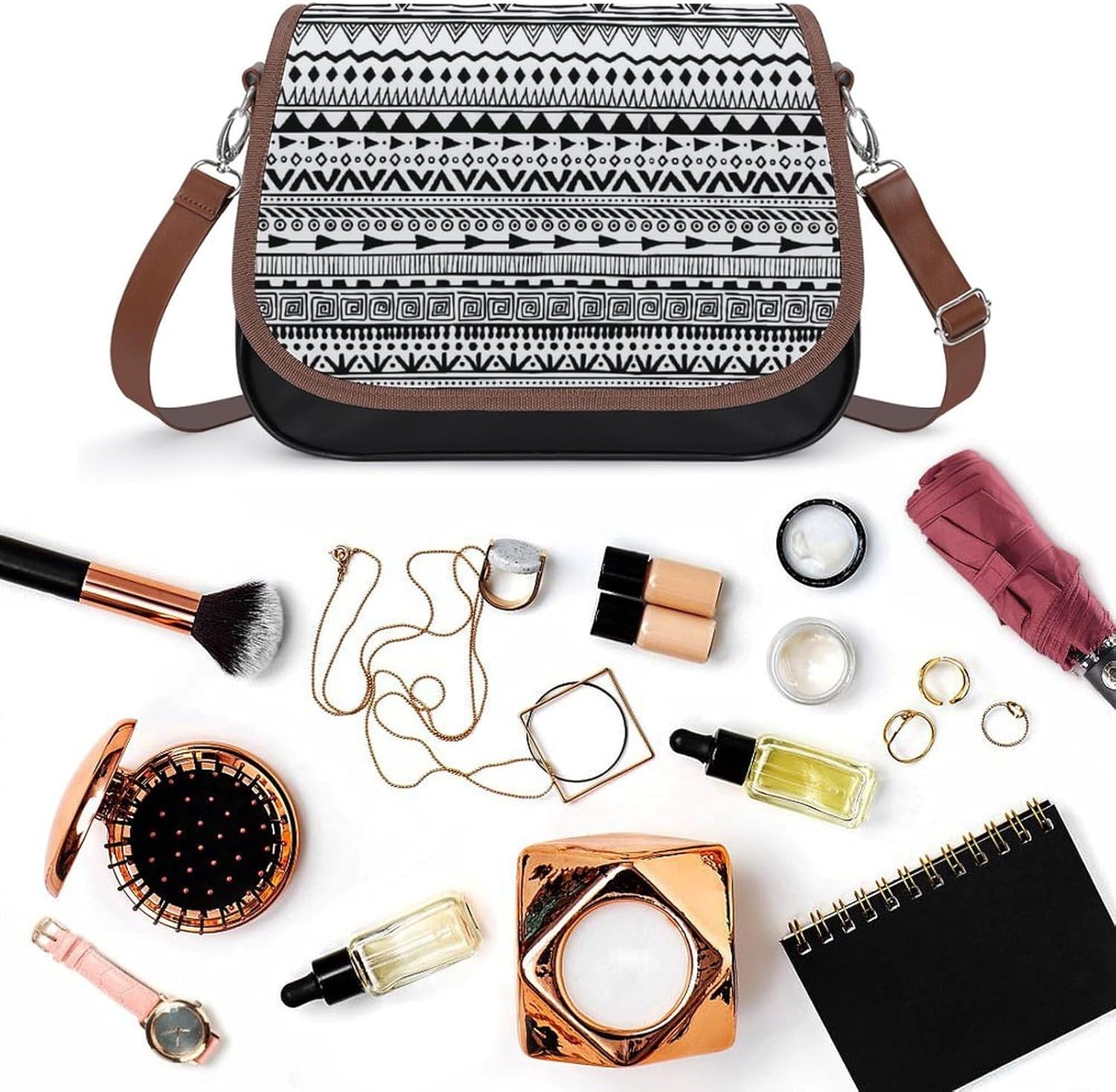 Tribal Print Black And White Aztec Pattern BohoWomen's Faux Leather Crossbody Bag, Waterproof Wrinkle-Resistant Shoulder Bag with Detachable Strap, Large Capacity Casual Handbag, Fashion Daily Purse F