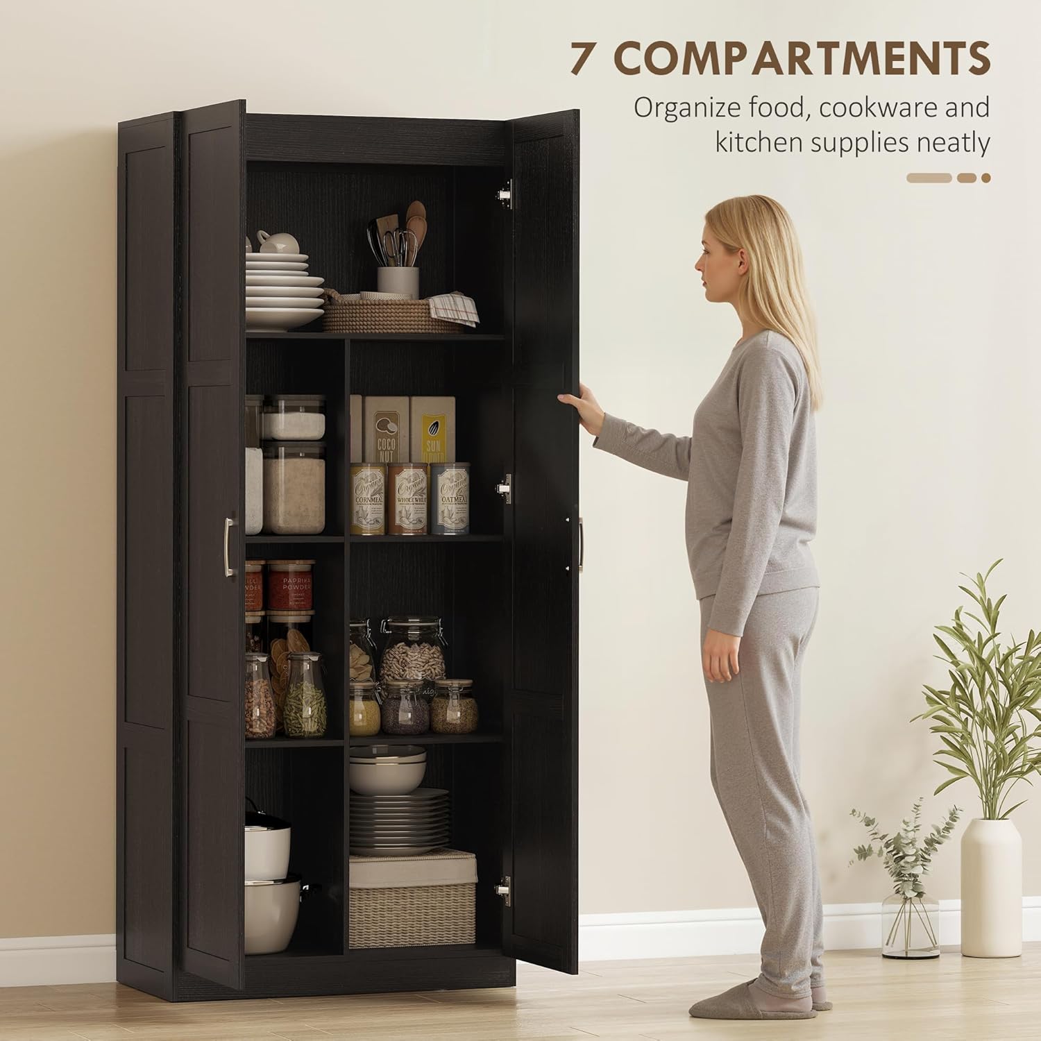 Diagram showing the dimensions of the HOMCOM pantry cabinet: 29.5 inches wide, 15.7 inches deep, and 70.9 inches tall, with internal shelf measurements and weight capacities.