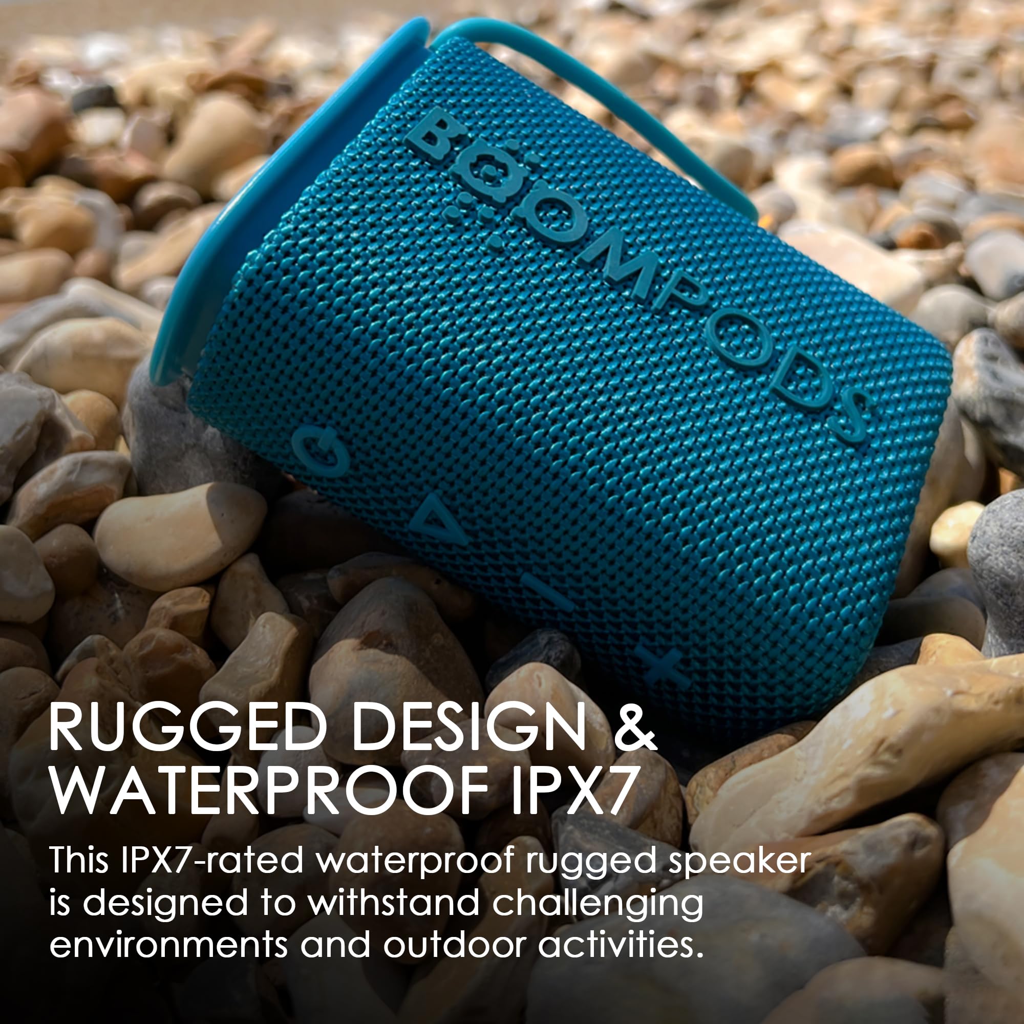 Boompods Beachboom Cassa Bluetooth Portatile - Altoparlante Impermeabile IPX7, Diffusore Audio con 5 Ore di Autonomia e Pulsante Selfie, Plastica Riciclata, Mini Speaker per Doccia e Viaggi, Blu