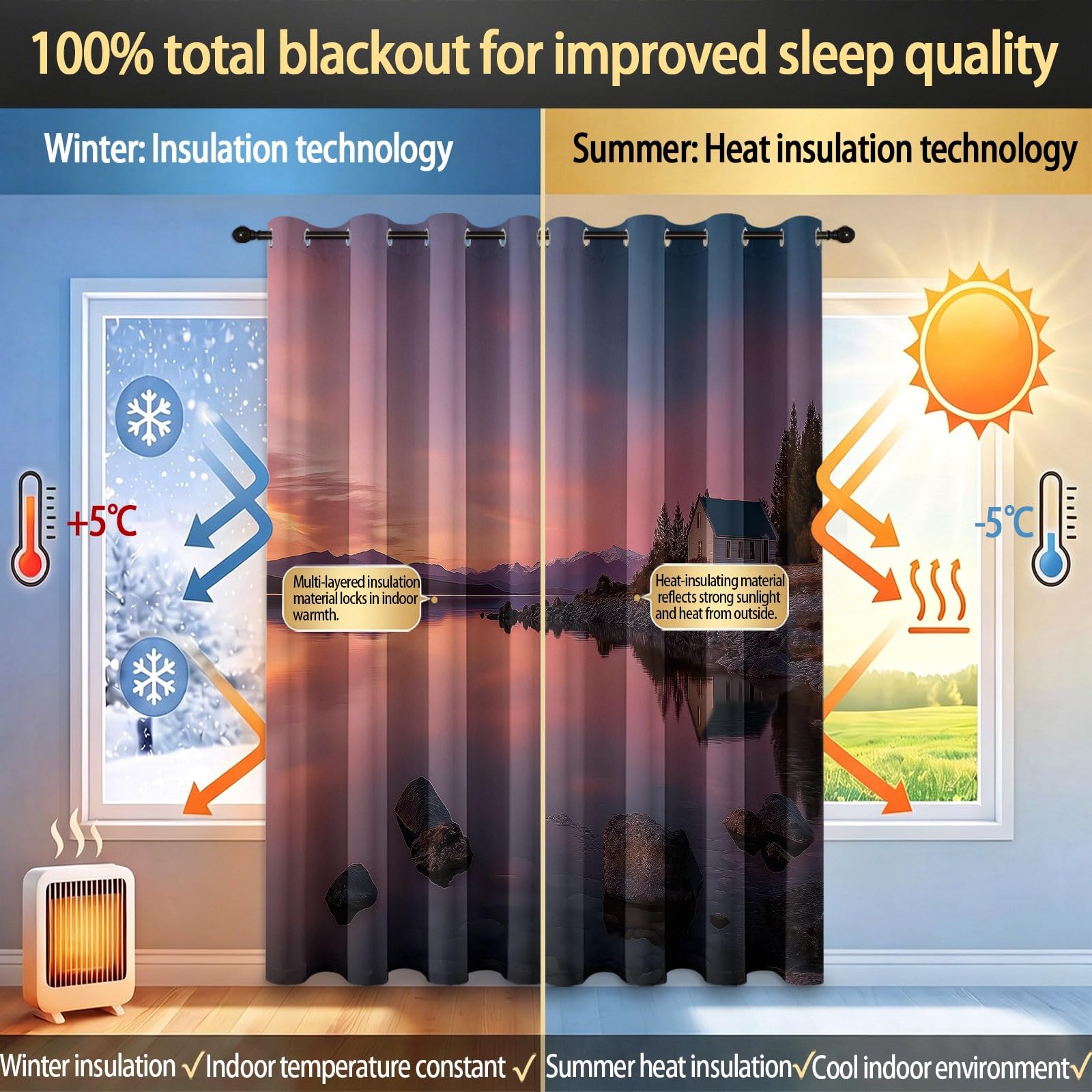 Verdunkelungsvorhänge Kinderzimmer & Schlafzimmer, 2er Pack blickdichte Thermovorhänge mit Modern Kunst Abenddämmerung, Rosa Ösenvorhang Mehrfarbig, B 100 x H 215 cm