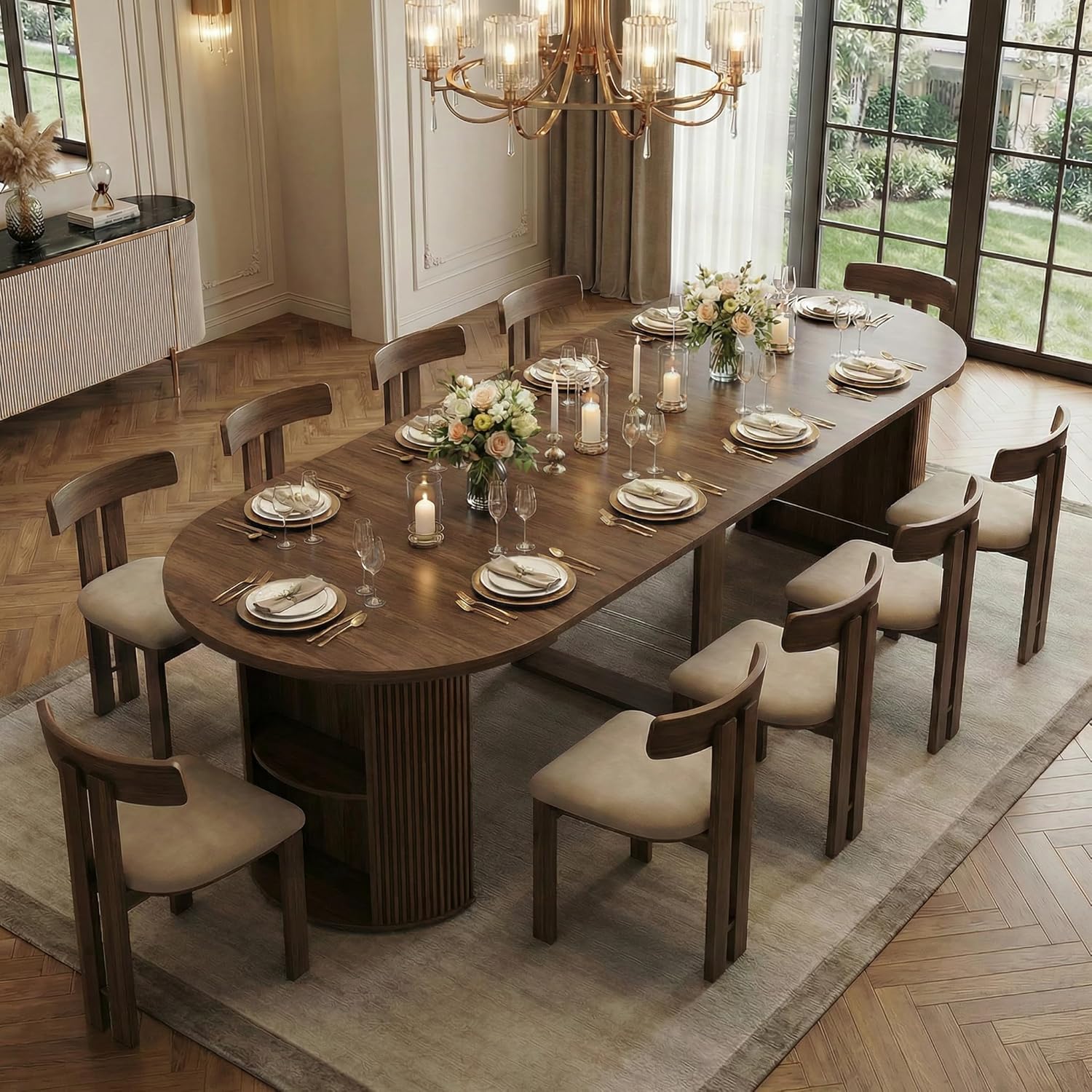 38.6" to 110.2" Modern Extendable Dining Table, Expandable Fluted Round Table for 2-12 People with Storage, Space Saving Table for Party Weddings Meetings Celebrations (Walnut)