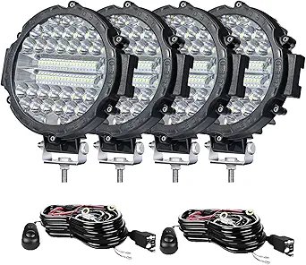 7 INCH Round LED Light Bar MUVKQC 201W Off-Road Driving Lights 21000lm LED Work Lights Pod with Wiring Harness for Pickup SUV ATV UTV Trucks Tractor (4PCS 201W Black+2 Set 2-Lead Wiring Harness)
