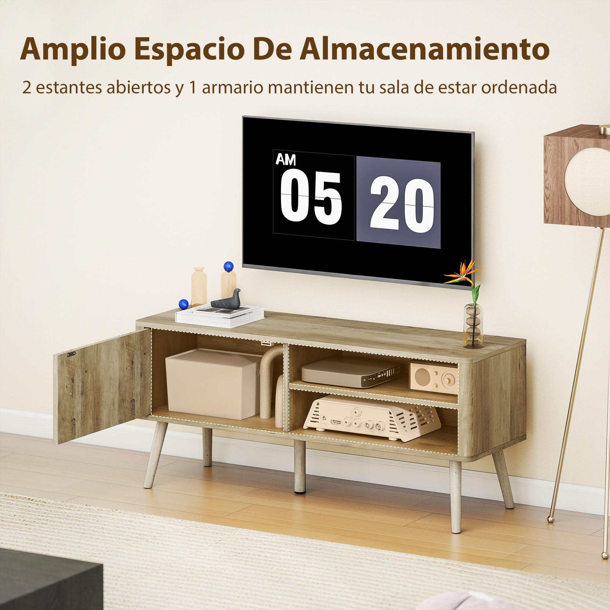 HOMCOM Mueble de TV con Puerta Acanalada hasta 55 Pulgadas 115 cm Roble | Mesa de TV, Mueble para Televisión, Estante Ajustable, Compartimentos Abiertos, Orificio para Cables, Salón, Comedor