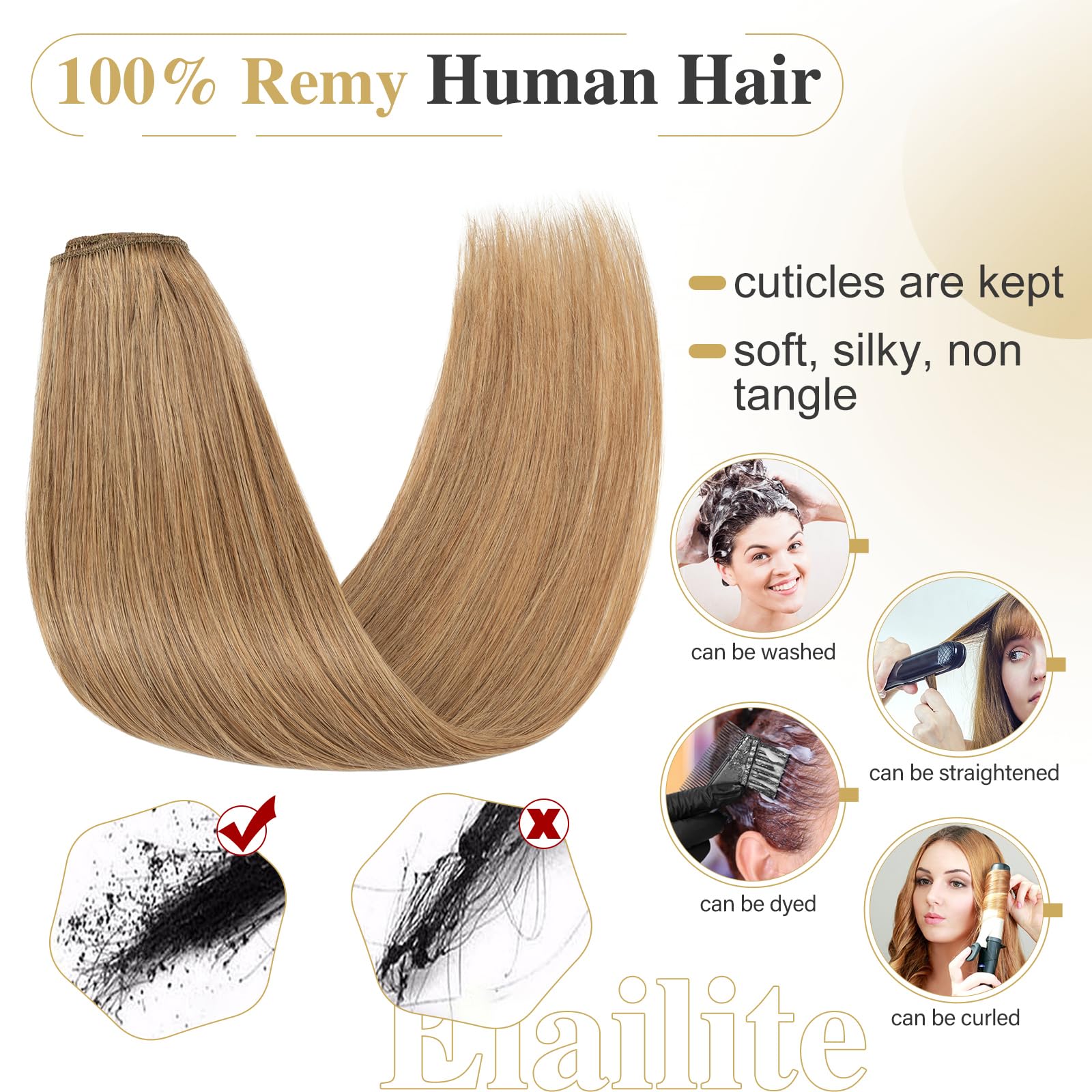 Elailite Echthaar Clip in Extensions 8 Tressen Glatt #27 Dunkelblond, Haarverlängerung Real Human Haar 45cm-70g