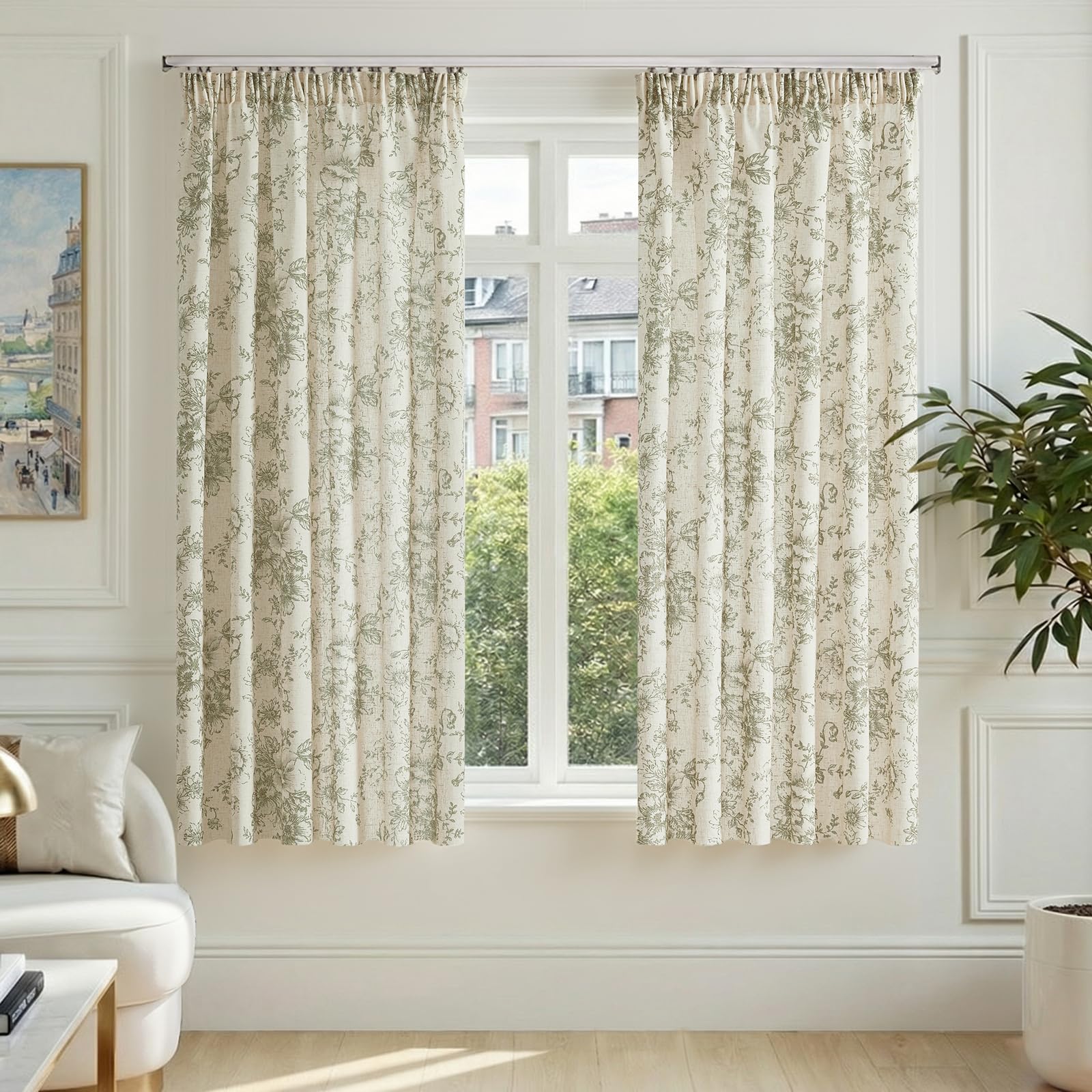 TOPICK Green Floral Curtains, Linen Pencil Pleat Curtains, W55 xL72, 2 PCS