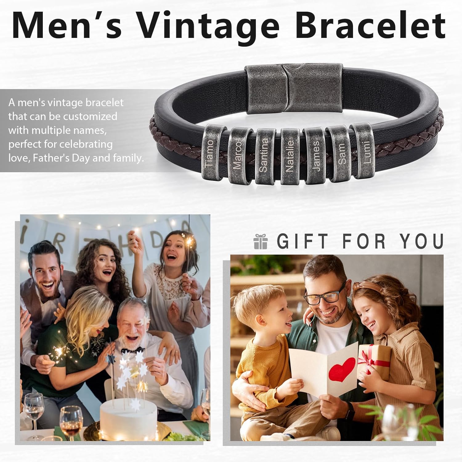 Personalized Bracelet for Men Custom Leather Braided Bangle Engraved Name Beads Fathers Day Jewelry Gifts for Dad Him Husband
