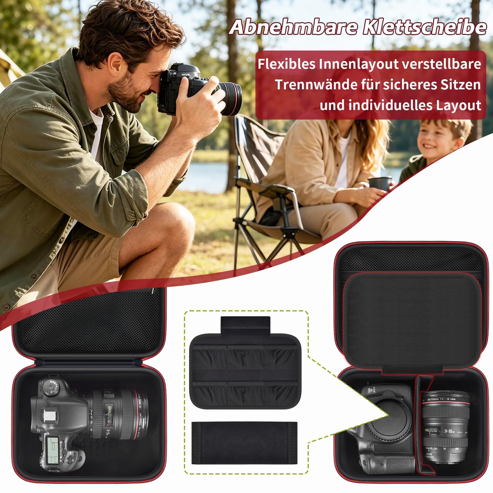 Boobowl Kameratasche kompatibel mit Canon EOS R50 R100 R10 R7 2000D 250D, Sony Alpha ZV-E10 A6700 A6400, Nikon Z50II D7500, Hartschalen-Fototasche mit Schultergurt und 6 Steckfächern - Schwarz