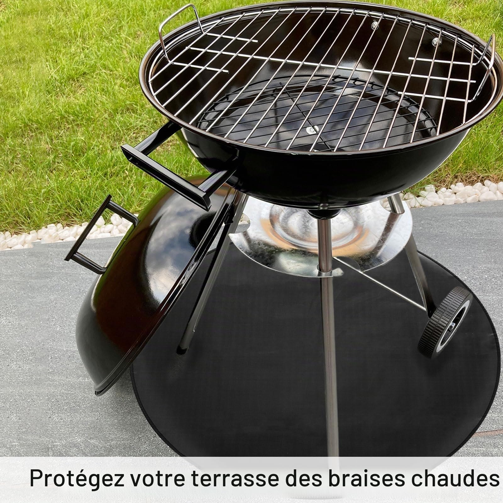 sourcing map Tapis de brasero rond de 150 cm, 2 couches en silicone ignifuge, portable, réutilisable, imperméable, accessoire de barbecue pour barbecue, terrasse, herbe, noir