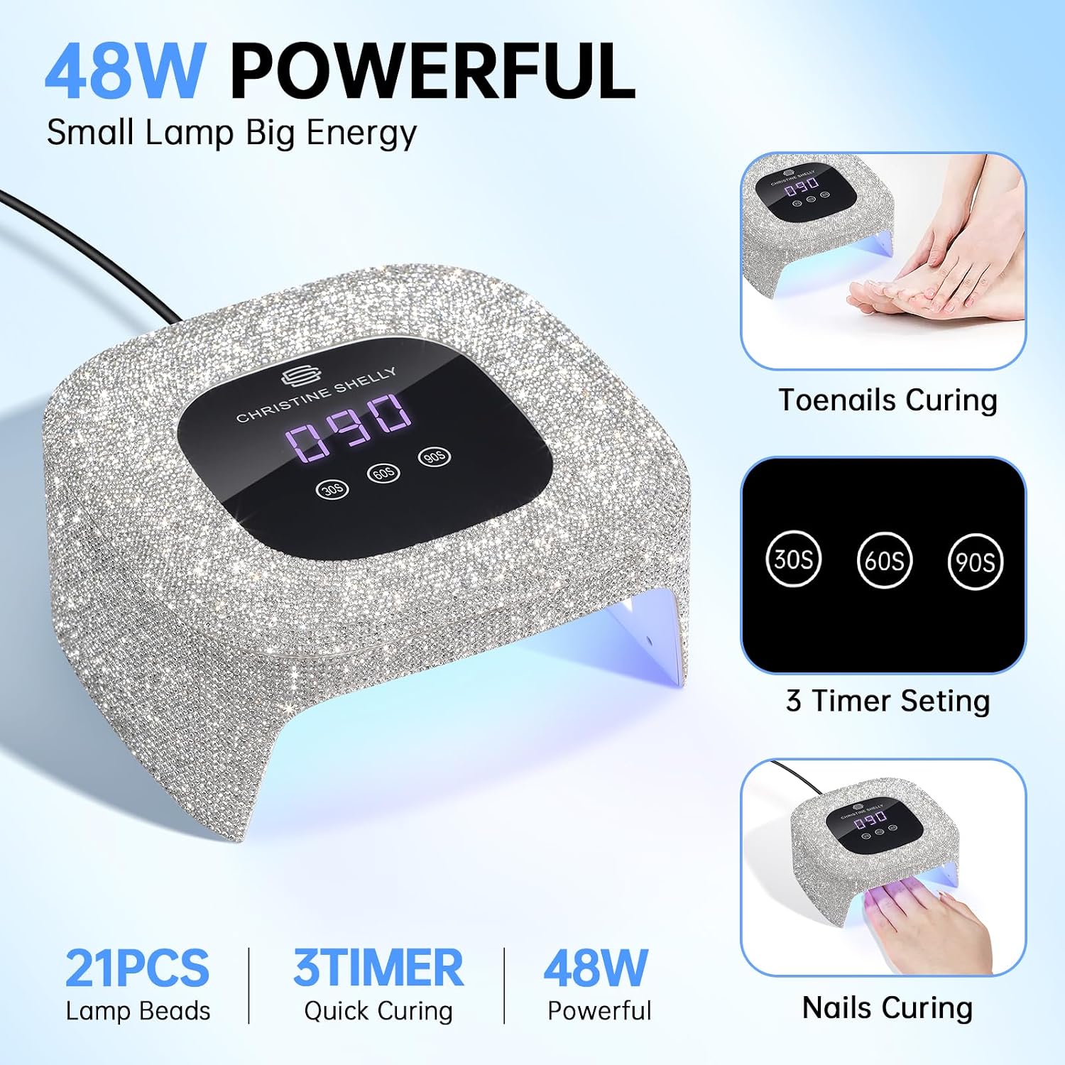 Nail Dust Collector, Bling Diamond Rechargeable 5000RPM Vacuum Nail Tech Fan Extractor & 48W UV Light for Nails,Mini UV LED Nail Lamp