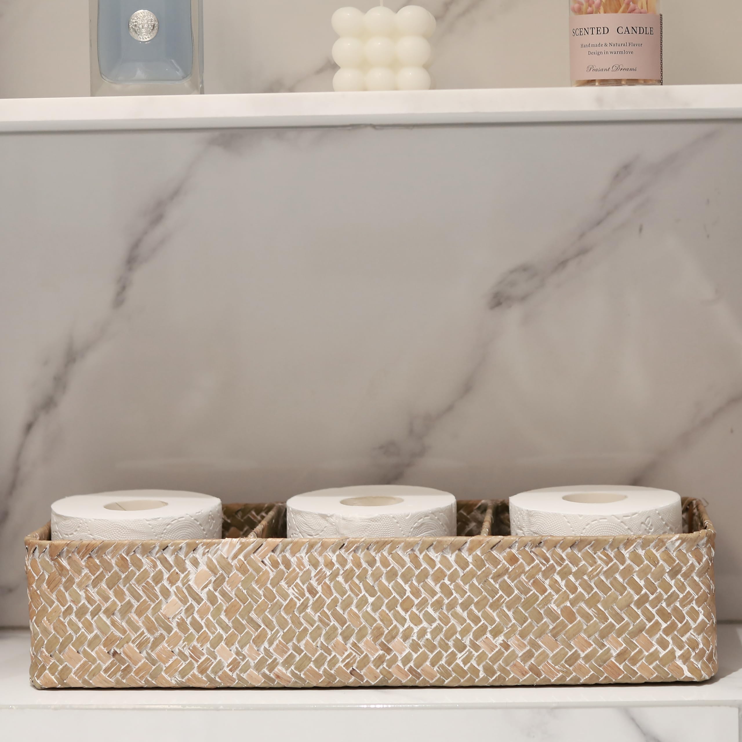 Panier Rangement Jonc de Mer Rectangulaires Malle en Osier avec Compartiment pour Organiser des Jouets de Collation en Papier Toilette (Blanchir 42cm x 14cm x 9cm)