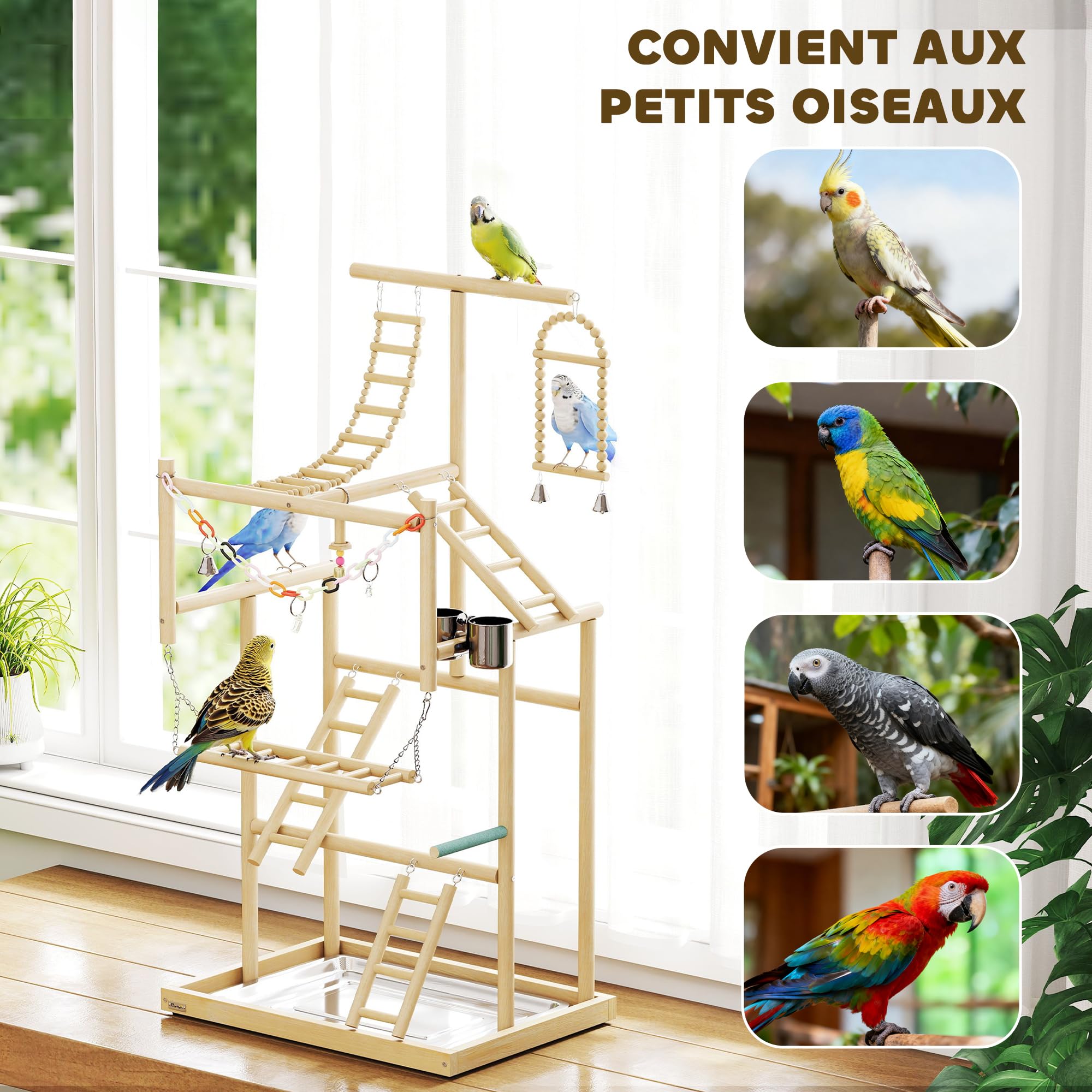 PawHut Aire de Jeux pour Oiseaux, échelles, pour Perroquet, 48 x 38 x 95 cm | Jeu pour Perroquet, Jouet à Chaîne, Plateau, Mangeoire, Balançoire, Pour Perruches, Inséparables, Pinsons, Calopsittes