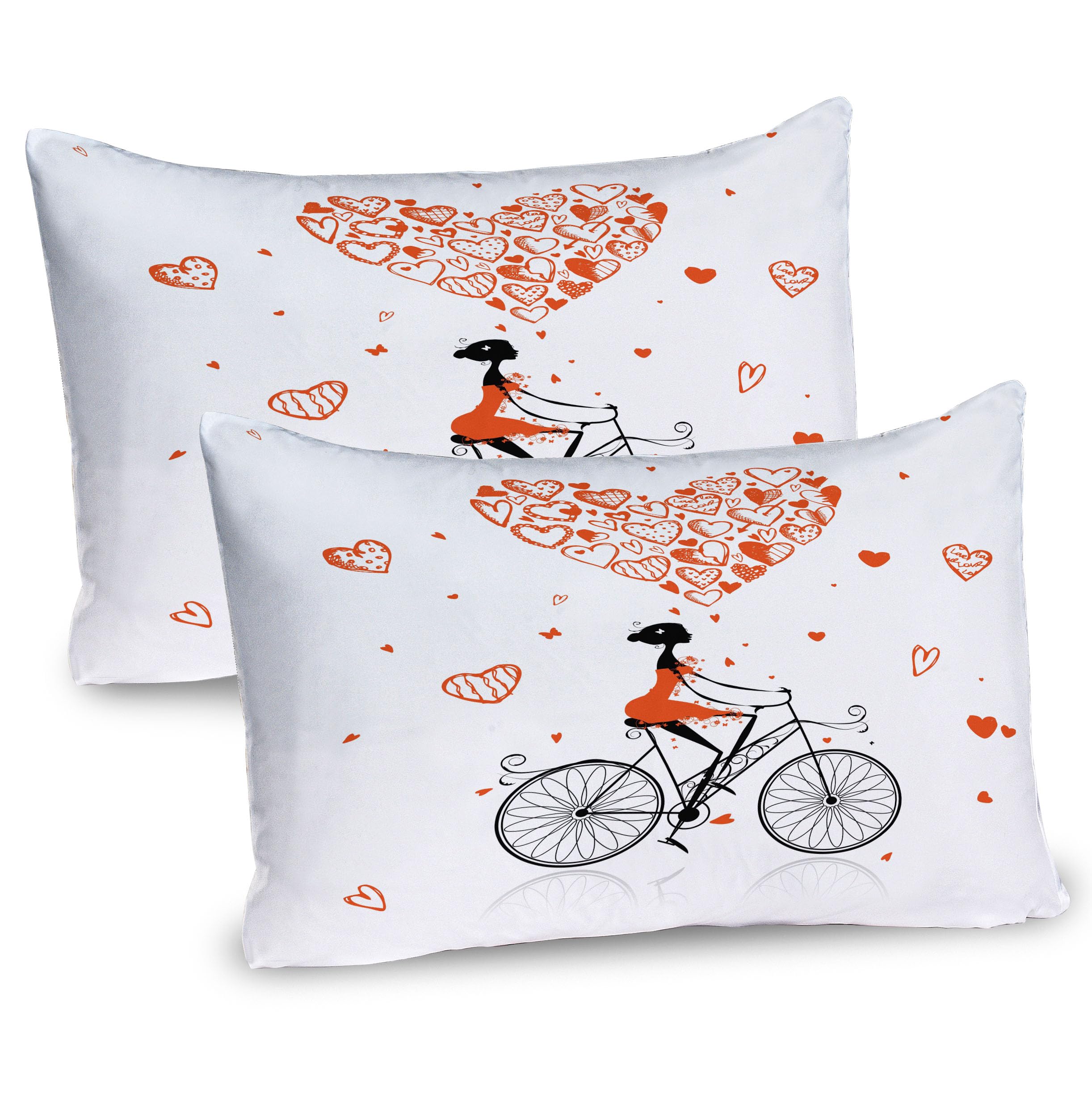 Ambesonne Valentines Pillow Sham Set of 2, Girl Cycling with Big Heart Woman Love Romantic Day Celebration Life Print, Quality Microfiber Bedding Item for All Seasons, 36